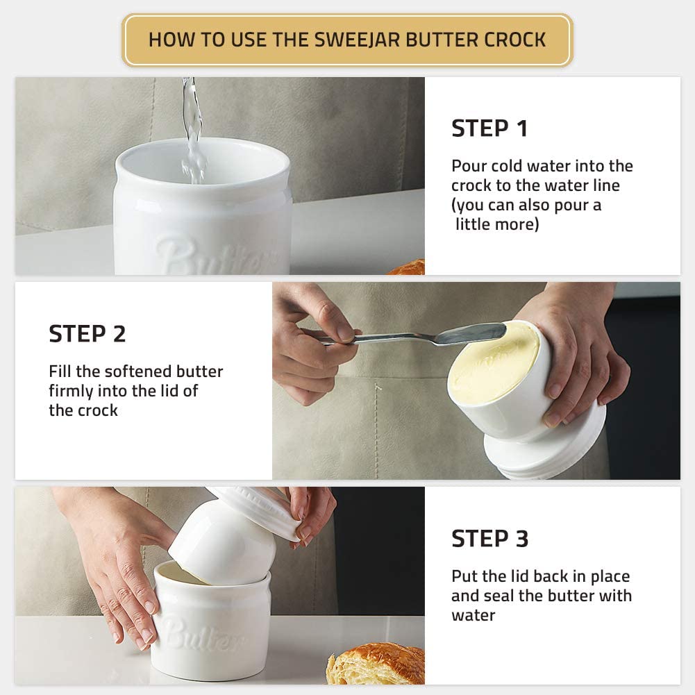 Sweejar Porcelain Butter Keeper Crock - Green Ceramic French Butter Dish with Water Line for Soft Butter