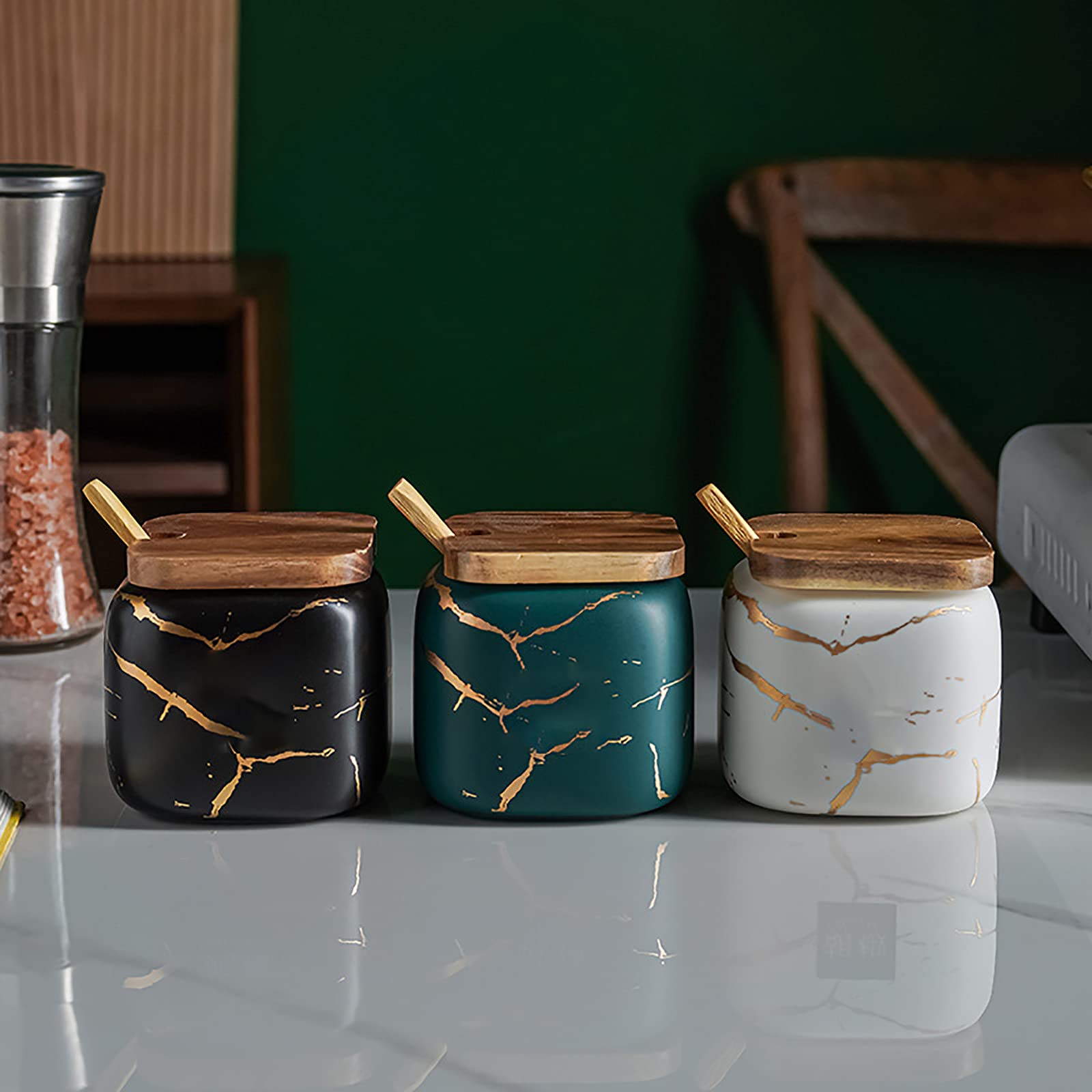 Jfflyit 2 Sets Of Marble Ceramic Sugar Bowl Ceramic Seasoning Jars With Wooden Lid And Wooden Spoon(Black)