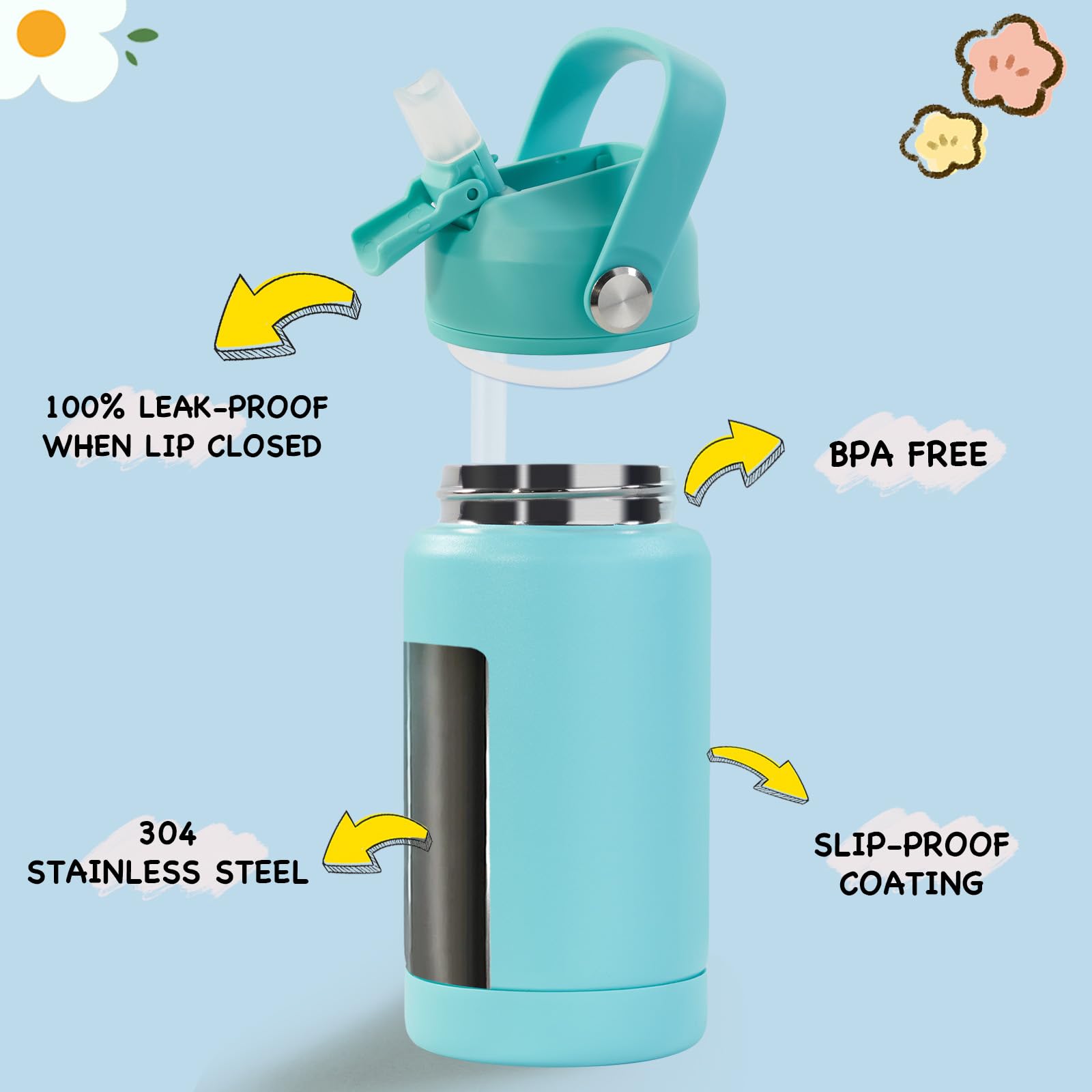Kerilyn 12oz Insulated Water Bottle For Kids, Stainless Steel Insulated Kids Water Bottle, Toddler Cup With Straws Leak-proof, K