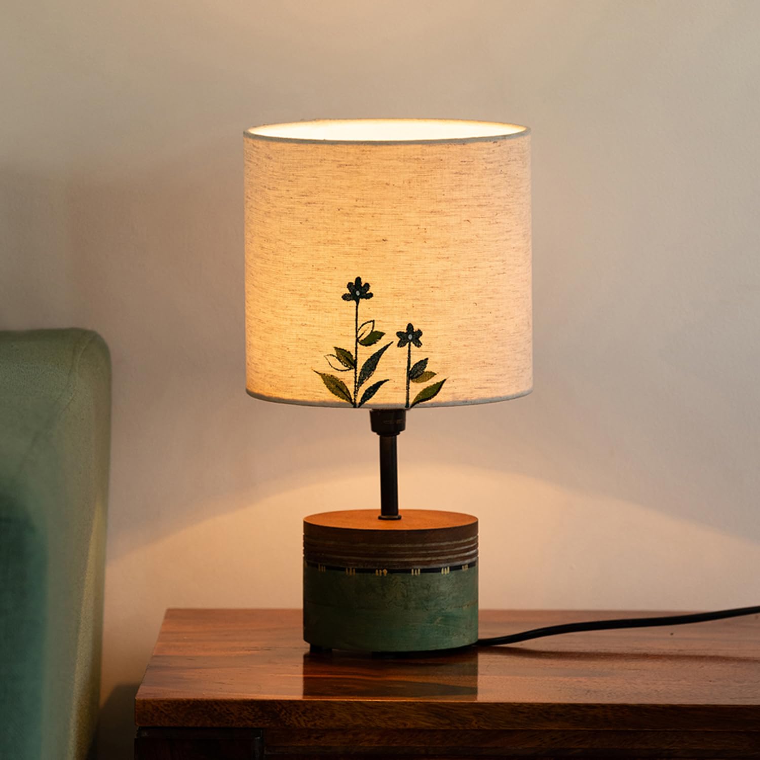 Exclusivelane Dainty Flowers HandPainted Decorative Mango Wood Led Table Lamp For Bedroom Dcor (12 Inches) Without Bulb | Lam
