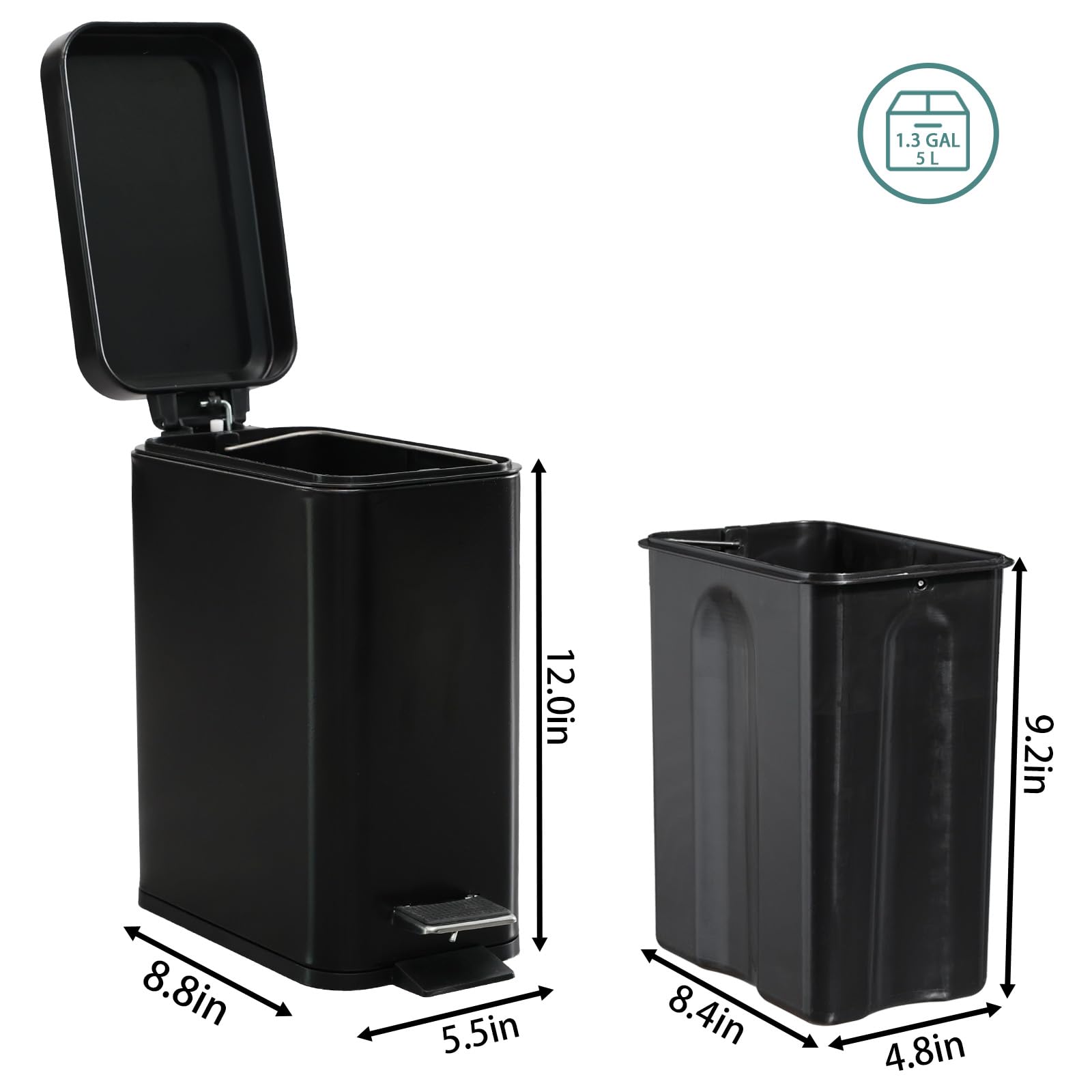 Cq Acrylic Rectangular Small Steel Step Trash Can Wastebasket,Black Stainless Steel Bathroom Slim Profile Trash Can,5 Liter/1.3