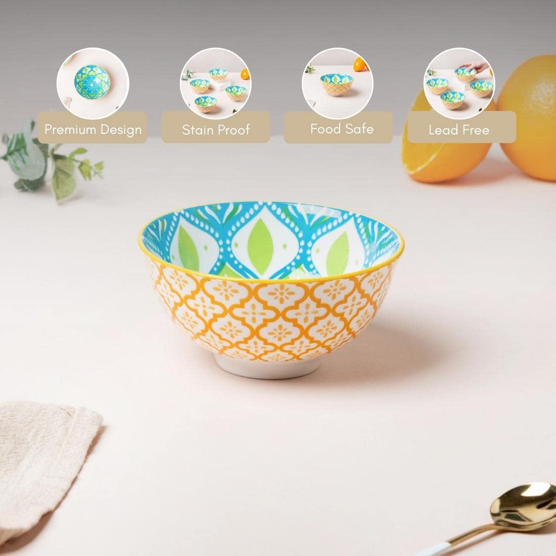 Nestasia Microwave & Dishwasher Safe Ceramic Bowl with Mandala Pattern | Set of 4 | Perfect for Snacks, Rice, Dal, Vegetables, F