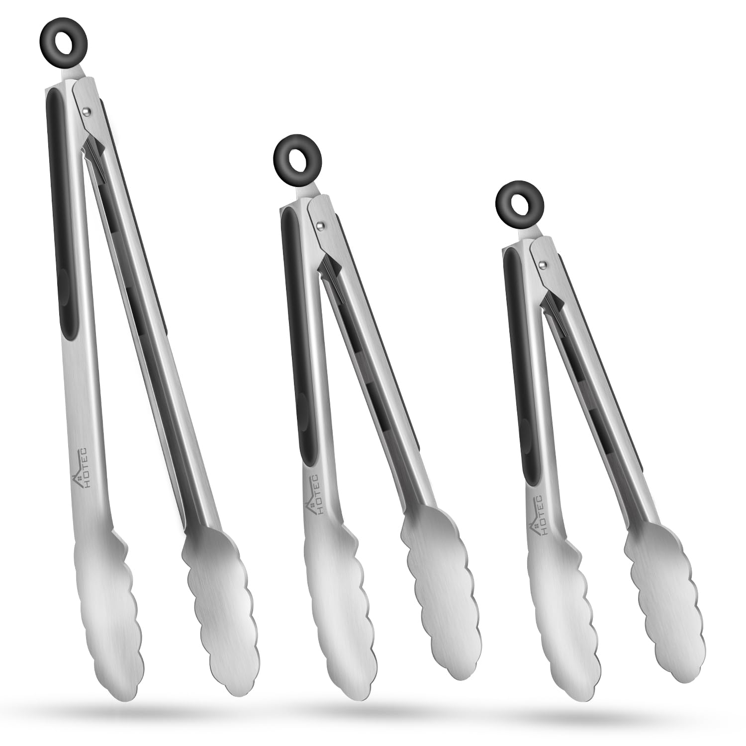 Hotec Stainless Steel Kitchen Tongs Set Of 3-7'', 9'' And 12'', Locking Metal Food Tongs Non-Slip Grip