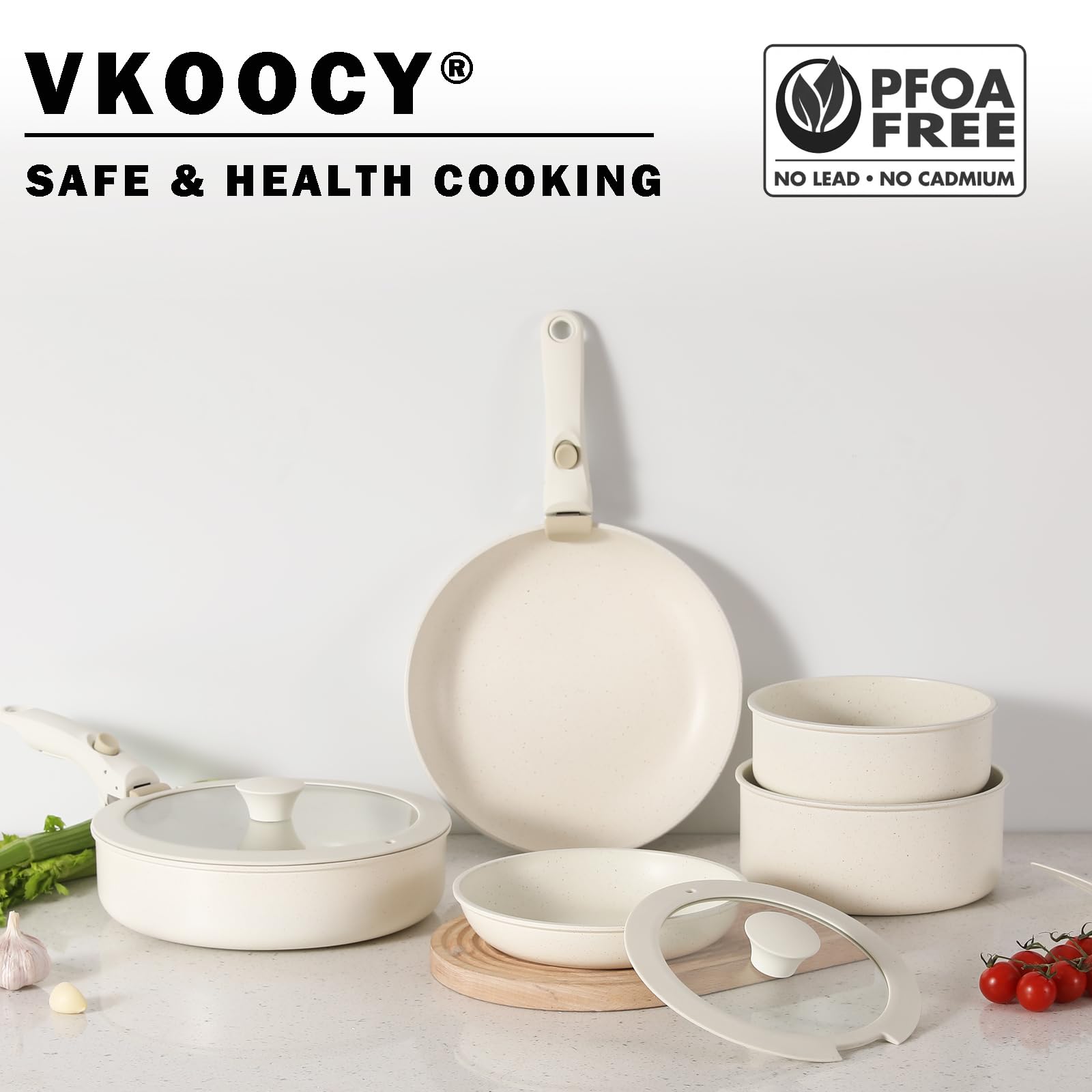 Vkoocy Non Stick Pot and Pan Set with Removable Handle, Ceramic Cookware Set Detachable Handle, Induction Kitchen Camping Stacka