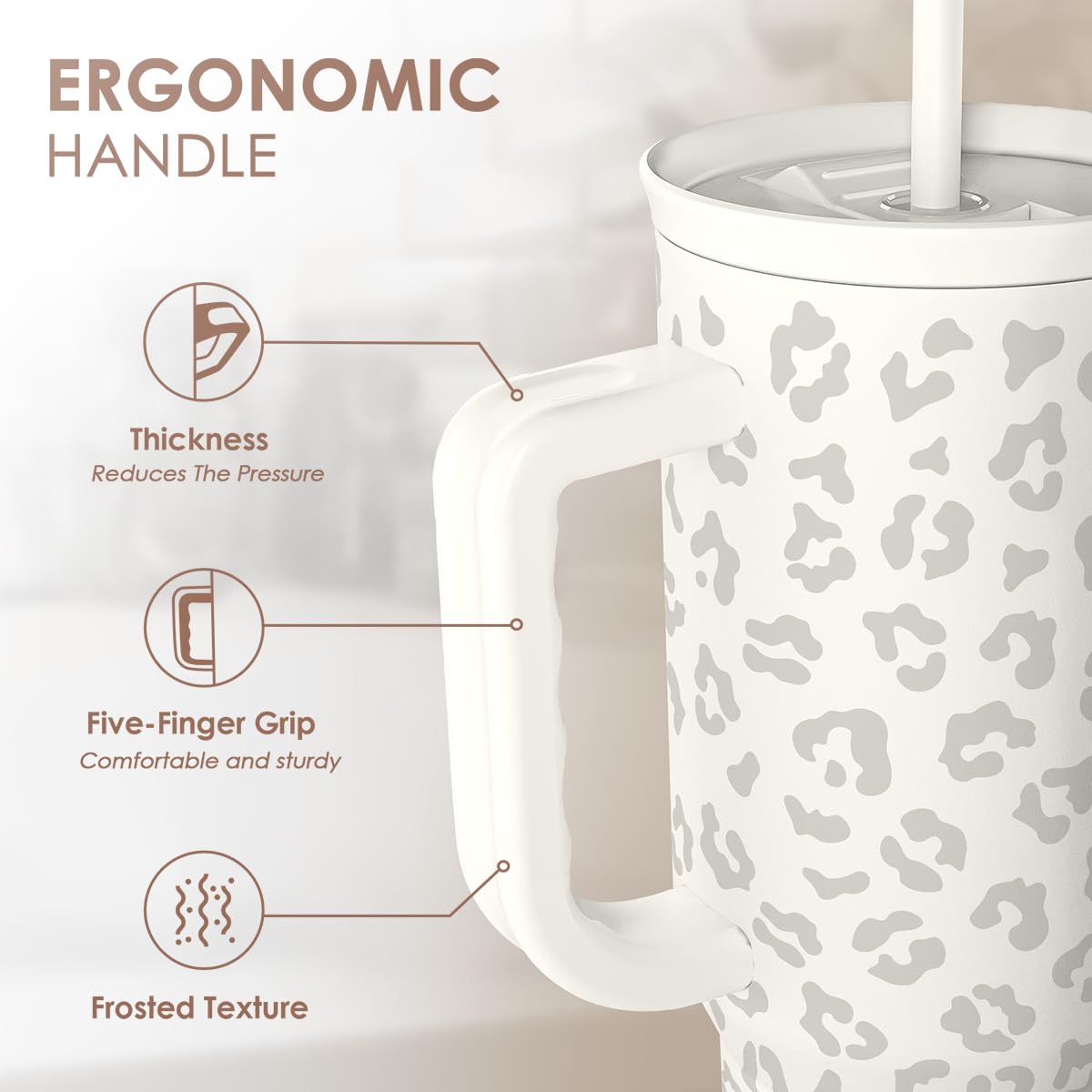 Leopard Tumbler with Handle, Insulated Cup Stainless Steel Travel Mug Cup, Gifts for Women Girl on Birthday Christmas, Cream Leo
