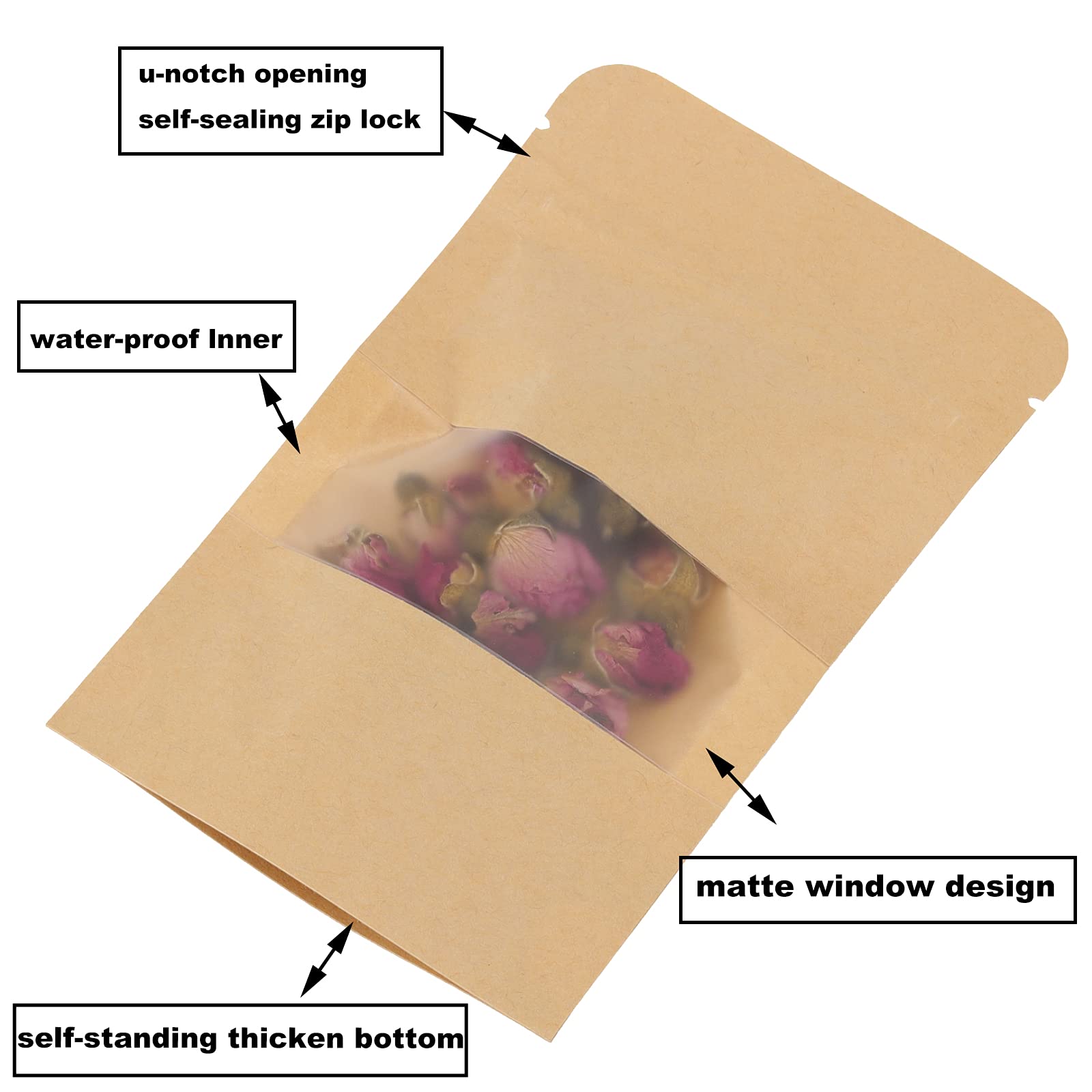 Sheutsan 500 Pack Kraft Bags With Window, 3.5 X 5.5 Inches Stand Up Storage Pouches Ziplock Sealing Packaging Paper Bag Resealab