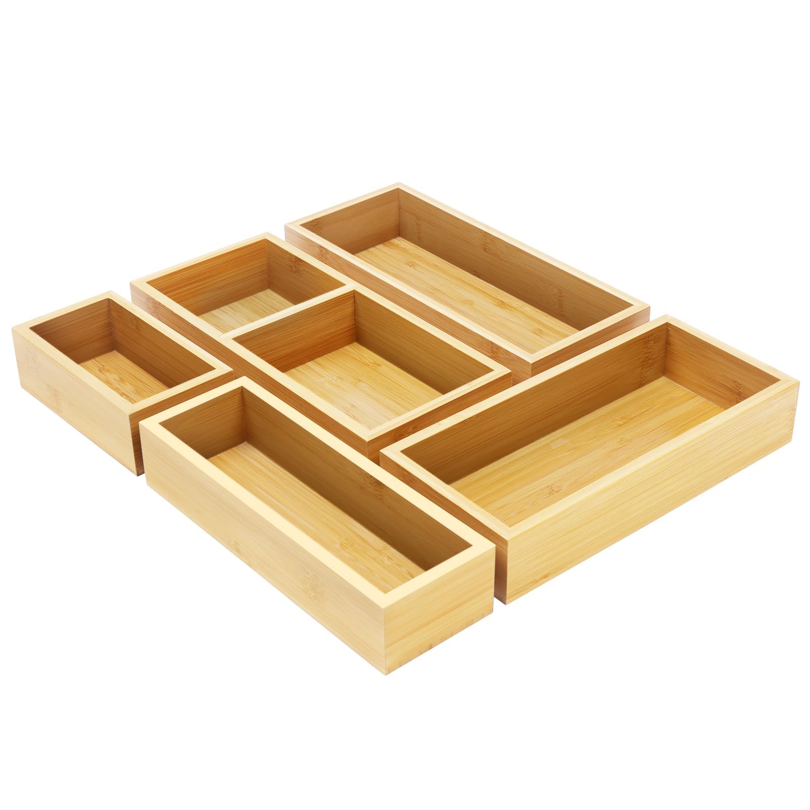 Bamboo Drawer Organizer Set, 5 PCS Multi-Use Individual Wood Storage Organizers, Junk Drawer Divider and Storage Trays Container