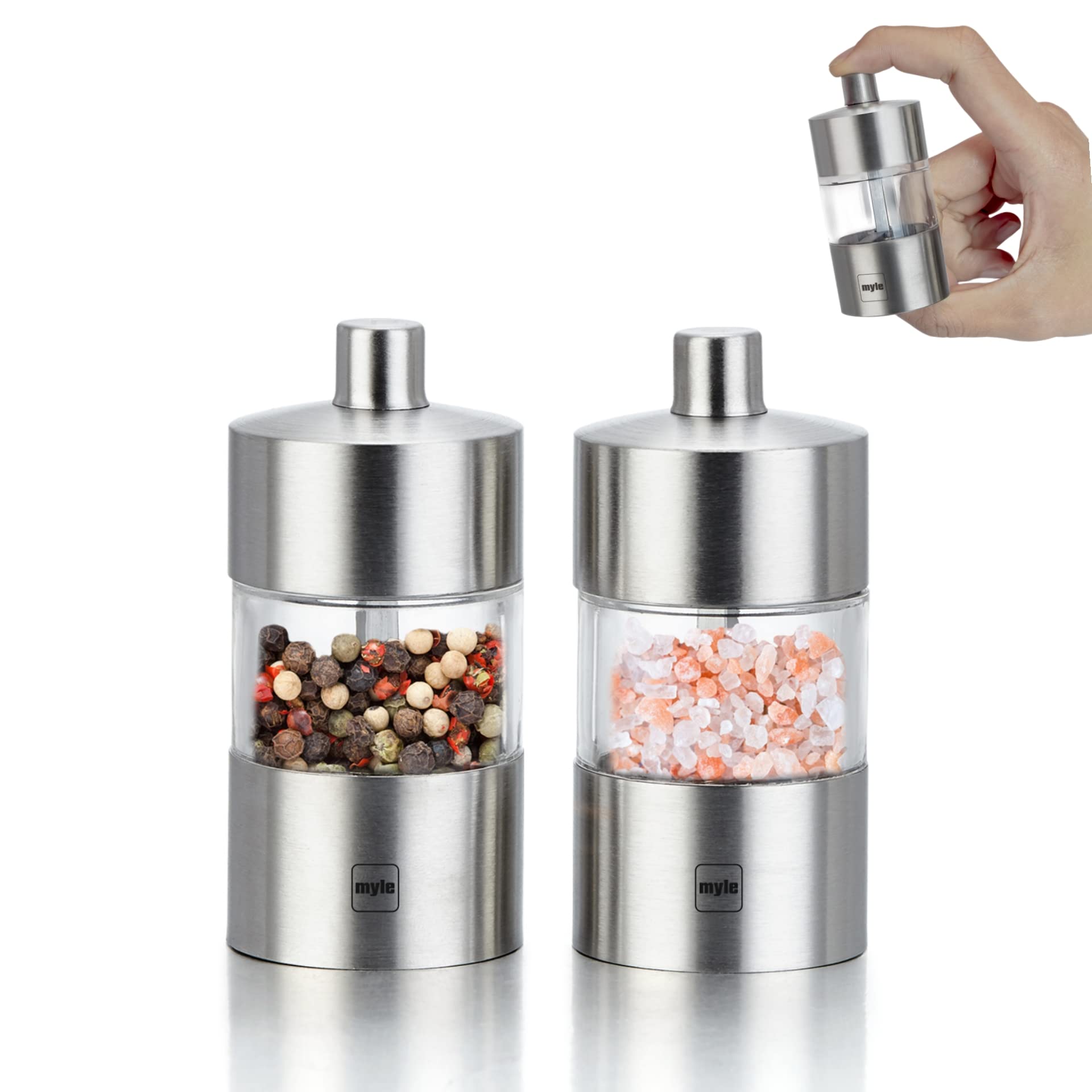 Myle Salt And Pepper Grinder Set Small Refillable Stainless Steel Pepper Grinder Mini Adjustable Ceramic Grinder Manual Salt Gri