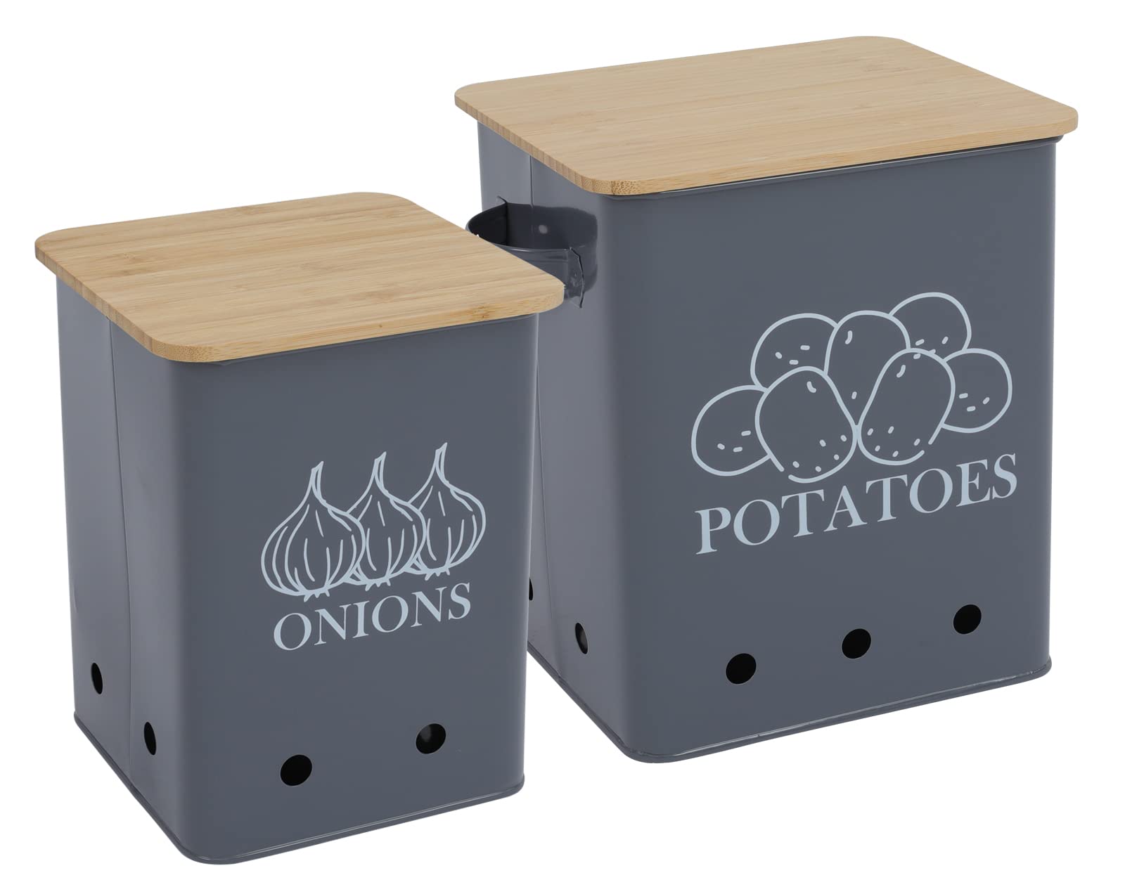 Kitchen Vegetable Storage Tins Set Of 2 For Potatoes, Onion, With Wooden Lid Garlic Bin Caddy, Long Shelf Life-Grey