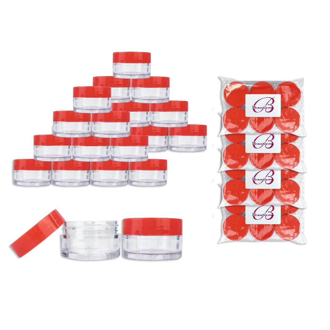 Beauticom 20G/20ML Clear Round Sample Container Jars with Red Lids for Lotion, Creams, Toners, Lip Balms, Cosmetic, Makeup  BPA