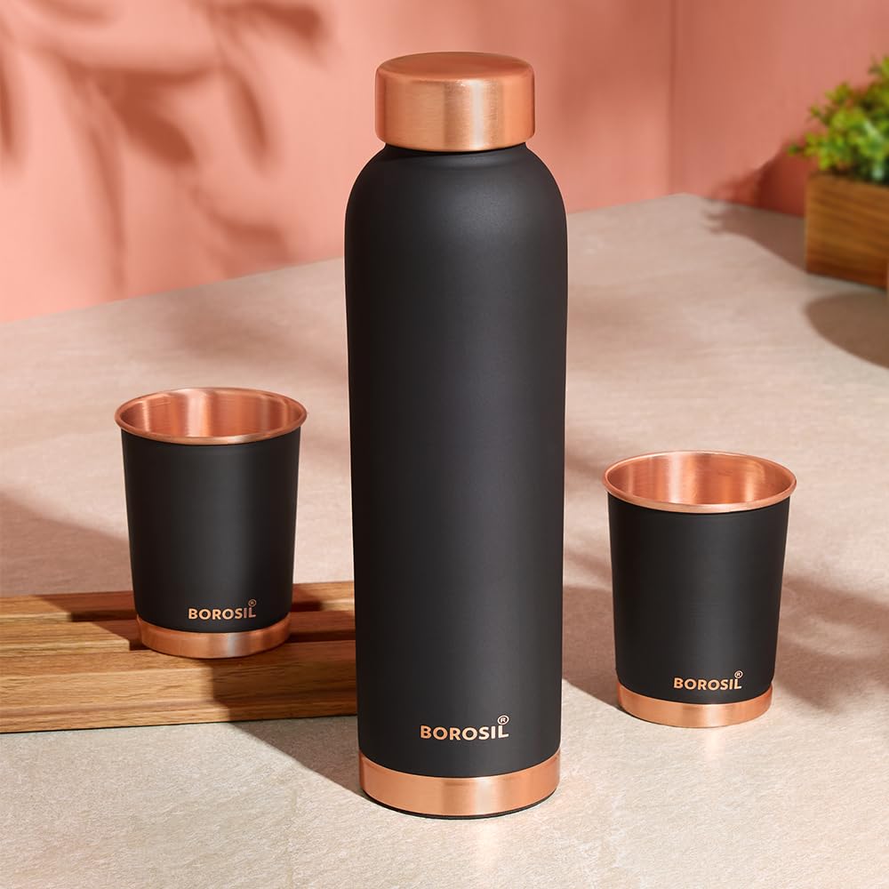 Borosil Eco Copper Bottle With Glass Set | 1L Bottle With 2 Tumbler (250 Ml Each) | 100% Pure Copper With Anti-Oxidant Propertie
