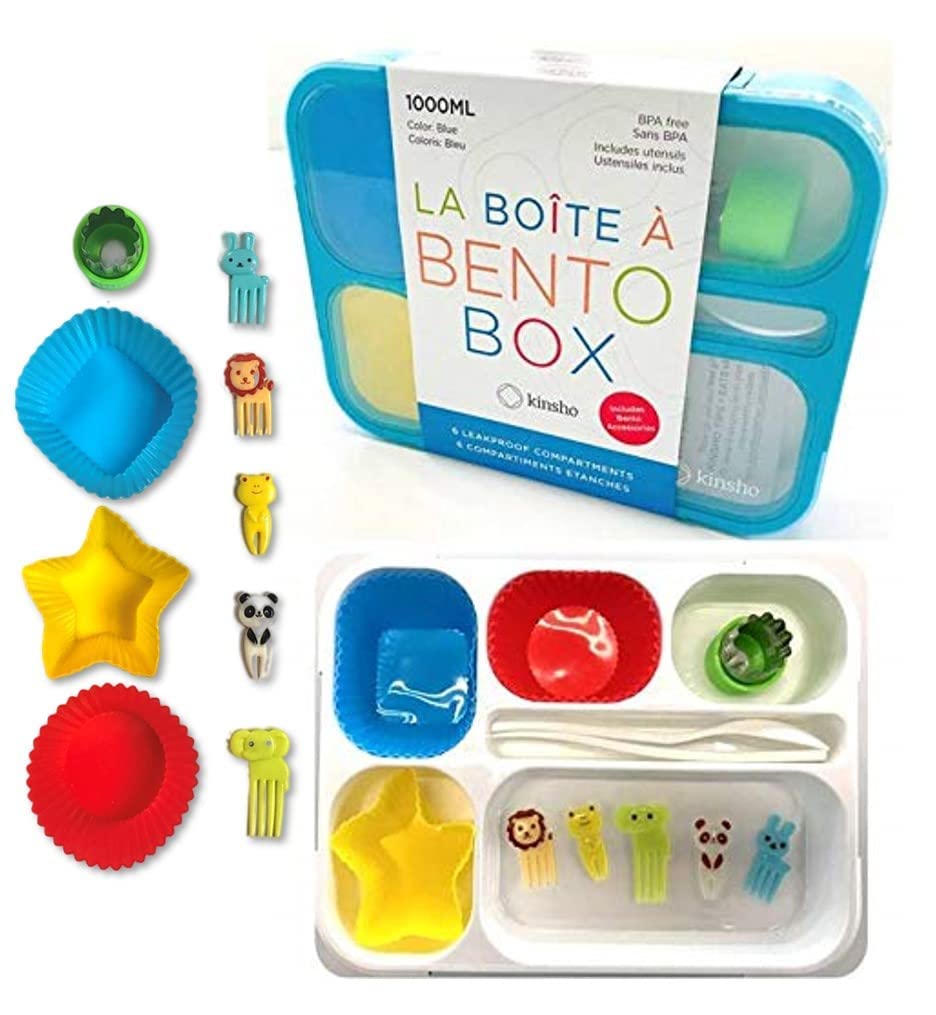 Kinsho Bento Lunch Box With 9 Accessories For Kids, Snack Container Set With Food Picks, Silicone Cups, Steel Metal Vegetable Cu