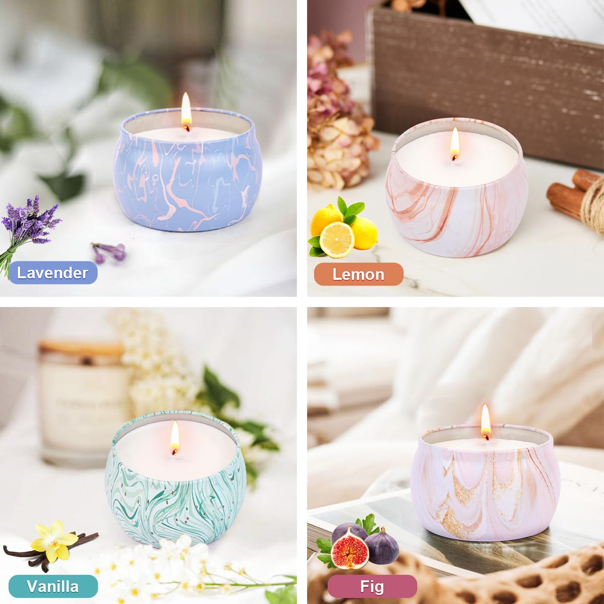 Candles Gifts for Women, Aromatherapy Candle Set, 17.6 oz 4 Pack Vanilla Lemon Fig Lavender Candle for Home Scented 120H Burning