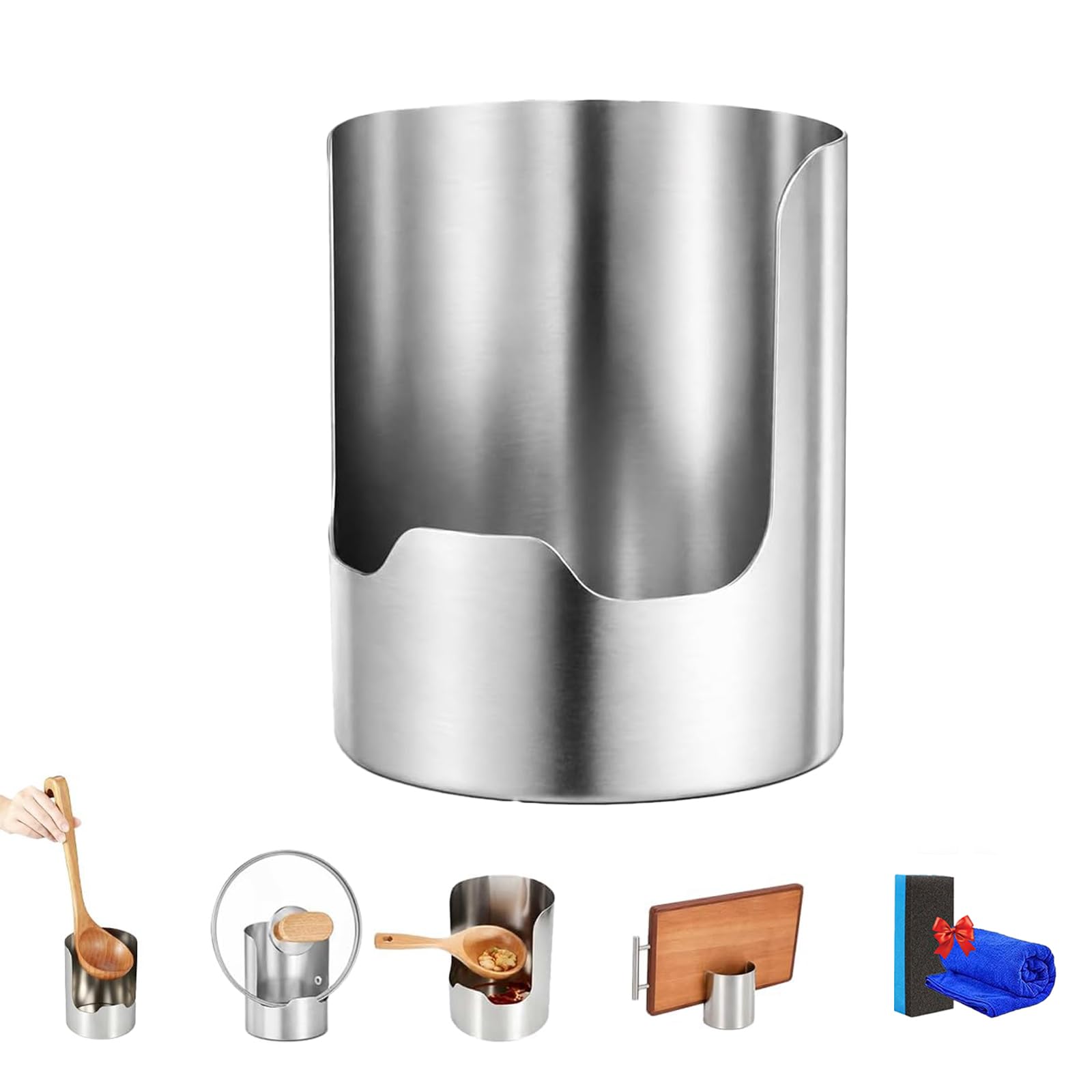 Stainless Steel Utensil Holder, 2in1 Pot Lid Organizer and Spoon Rest, Kitchen Countertop Rack for Spatulas, Ladles, Tongs and