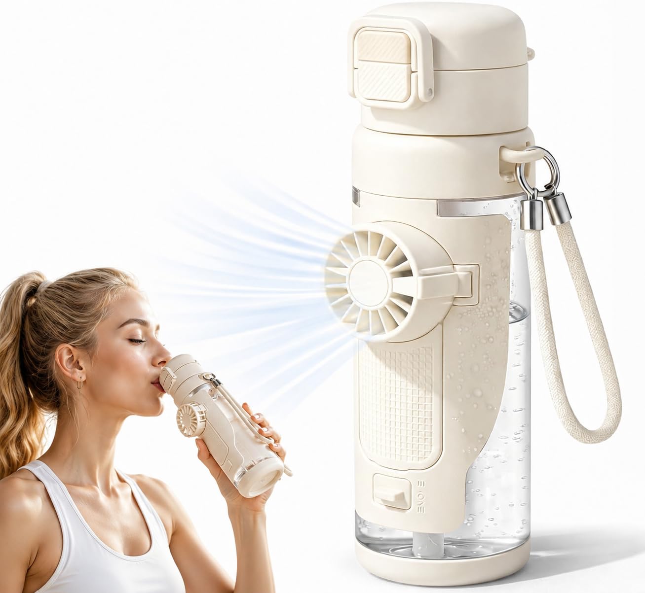 CRILEAL 2in1 Water Bottle with Foldable Fan, 690ml Portable Cooling Cup with Straw, 3Speed USBC Rechargeable BuiltIn Fan Bo