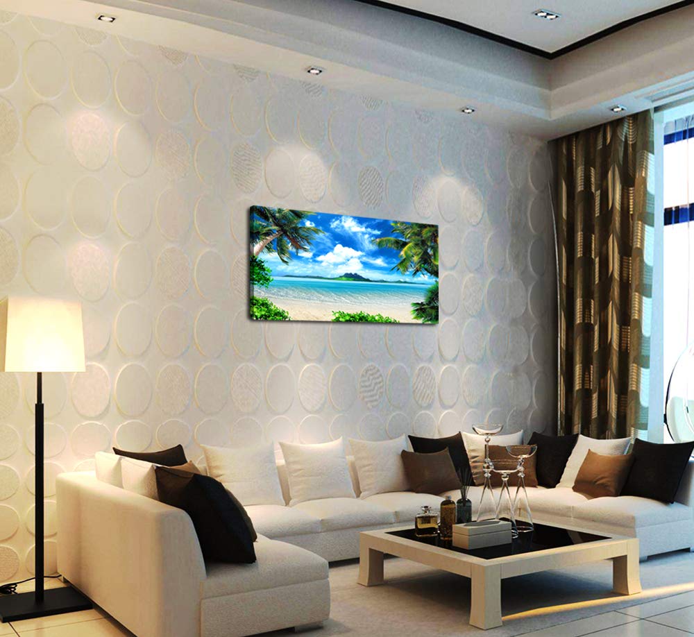 Dzl Art S72774 Canvas Wall Art Ocean Waves Coconut Trees On Sands Beach Seascape Scenery Painting Nature Picture For Bedroom Hom