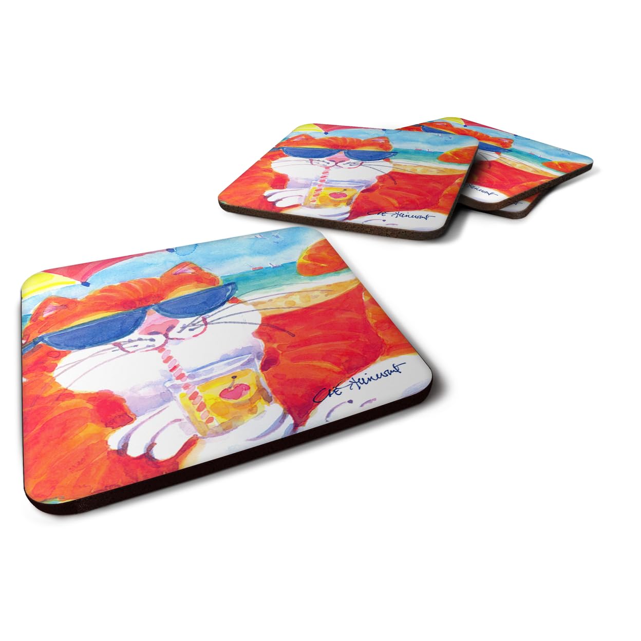 Carolines Treasures Cool Cat with Sunglasses at the Beach Foam Coasters (Set of 4), 3.5 H x 3.5 W, Multicolor