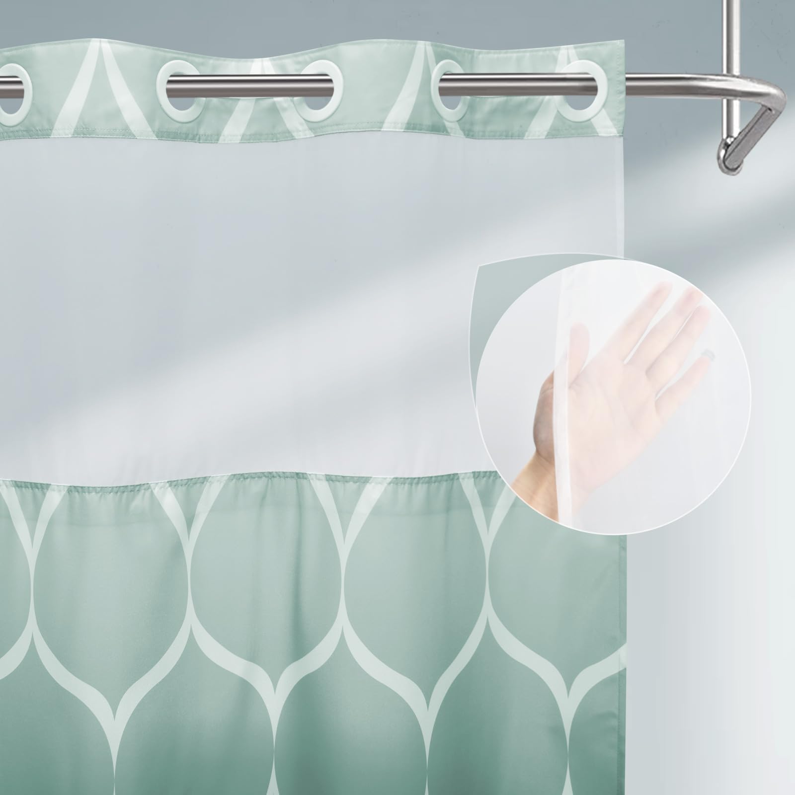 Yiatn No Hook Ombre Teal Shower Curtain With Snap In Fabric Liner Set - Hotel Style With See Through Mesh Top Window, Modern Geo