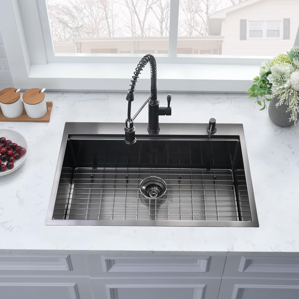Boomhoze 33 Inch Black Stainless Steel Drop In Kitchen Sink, 33X19 Drop In Kitchen Sink Workstation Single Bowl Kitchen Sink 16