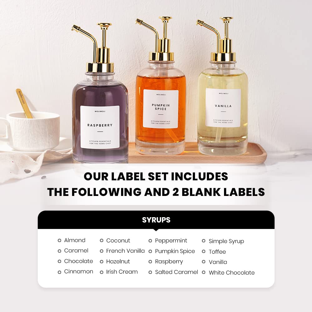 Molimoli Syrup Dispenser For Coffee Bars, Glass Syrup Bottle W. Pump, 16.9 Oz 500 Ml, Set Of 2, Gold Upgraded Dispenser