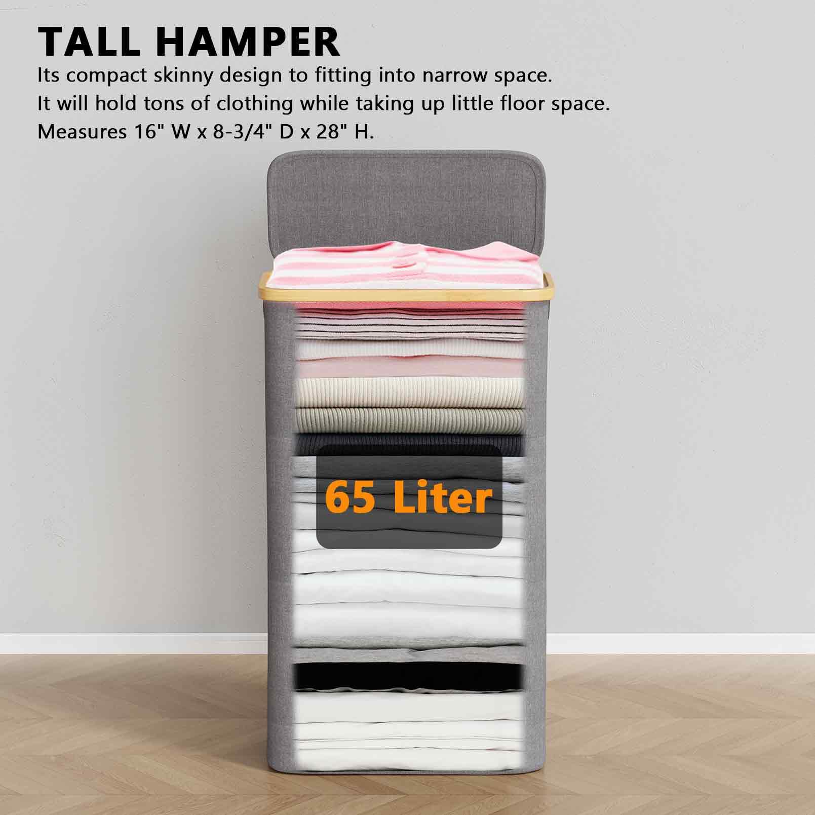 Spaceaid Slim Laundry Hamper With Lid, 65L Narrow Clothes Basket Bin With Bamboo Handles, Skinny Tall Collapsible Hamper For Bed