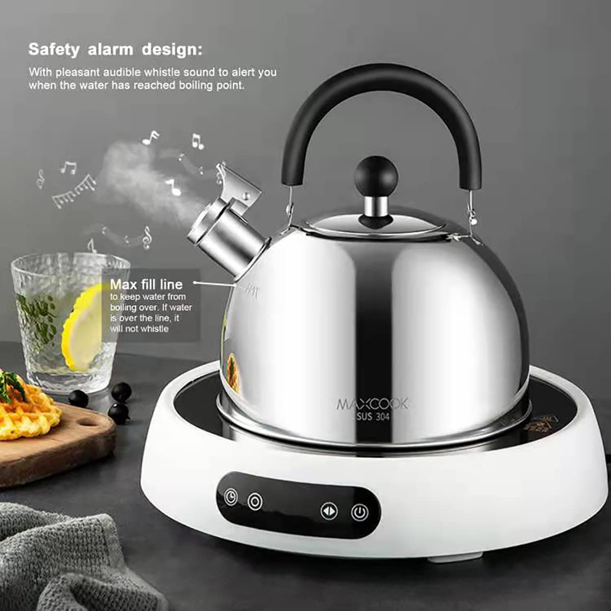 Maxcook 304 Stainless Steel Whistling Tea Kettle 2.1 Quart/2L, Suitable To Boiling Water & Tea On Induction Stove, Gas Stove Top
