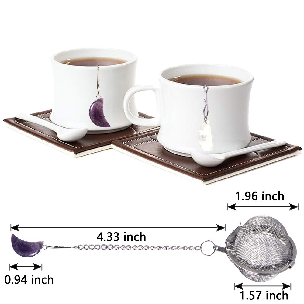 2Pcs Tea Infuser, Scdom Stainless Steel Ball Mesh Tea Strainer, Amethyst & White Crystal Moon Pendant Tea Ball Tea Filter With E