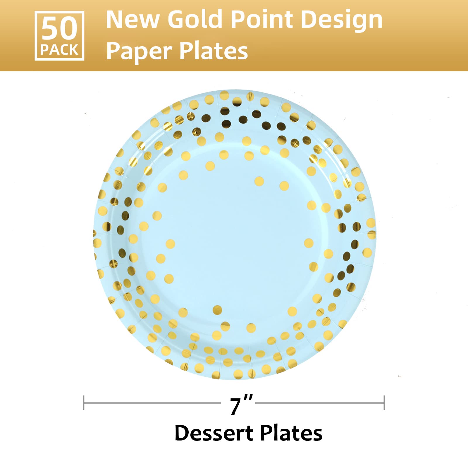 Cenlbj Blue  Gold Dots Party Paper Plates, 50 Pcs Disposable Party Supplies Dessert Paper Plates For Baby Shower,Birthday Party