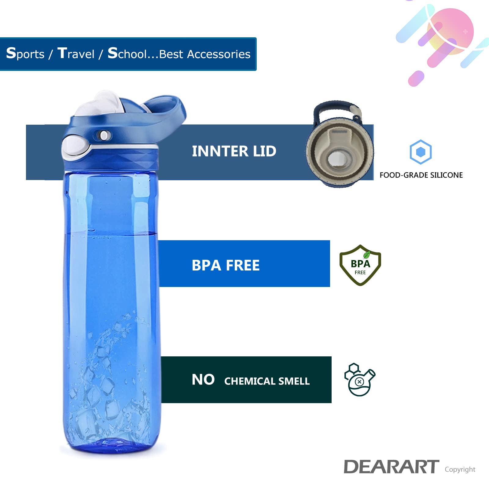 DEARART 26oz Blue Water Bottles With TRITAN  BPA FREE  Leakproof and One Hand Operation  Drink Quickly