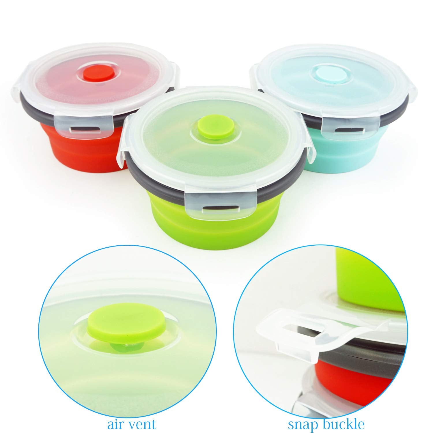 Ecomorning 3Piece Round Collapsible Lunch Container Silicone Food Storage Containers Collapsible Camping Bowl With Airtight Sili