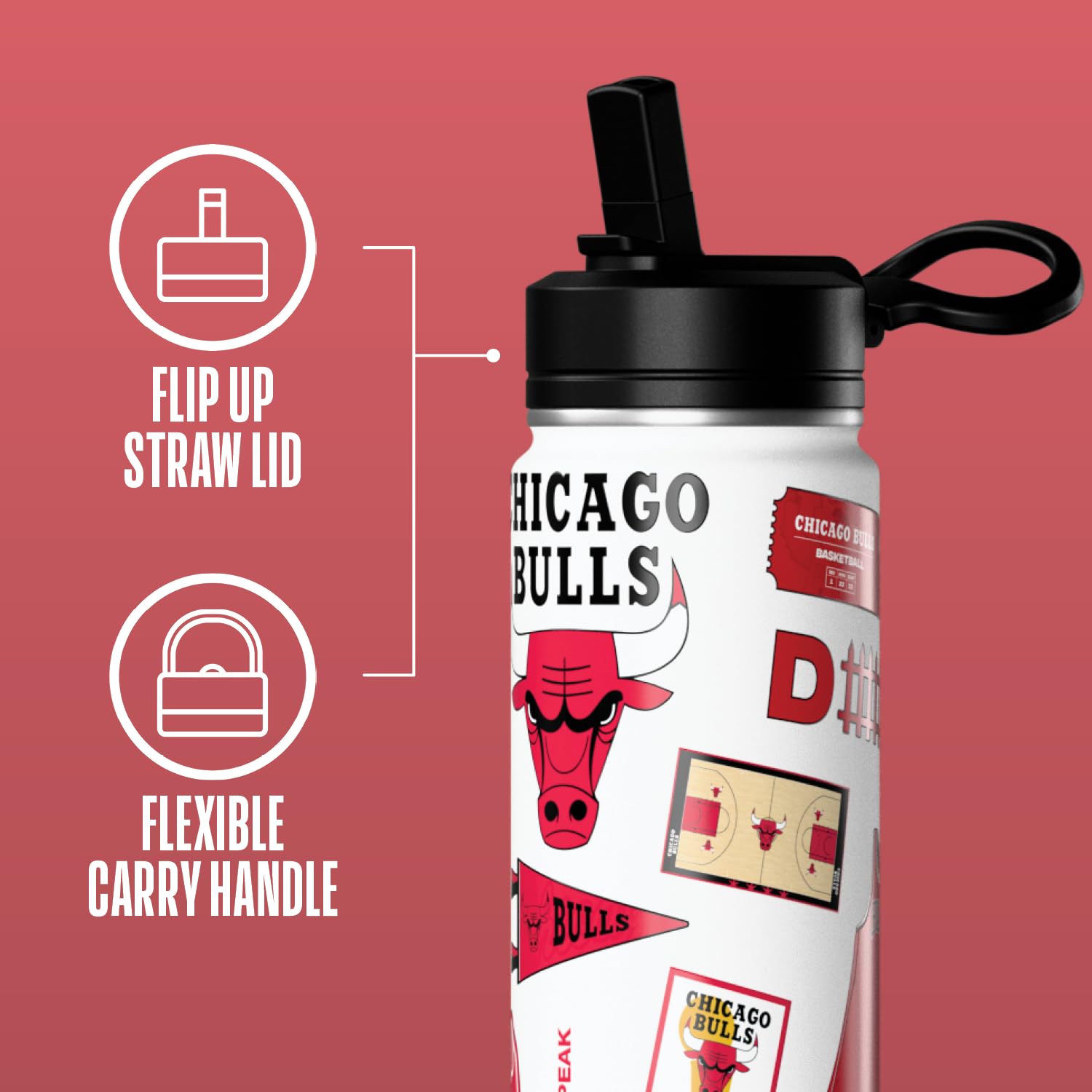 Hydrapeak x NBA Officially Licensed Chicago Bulls 20 oz Active Water Bottle with Chug Lid and Handle Reusable Stainless Steel Do