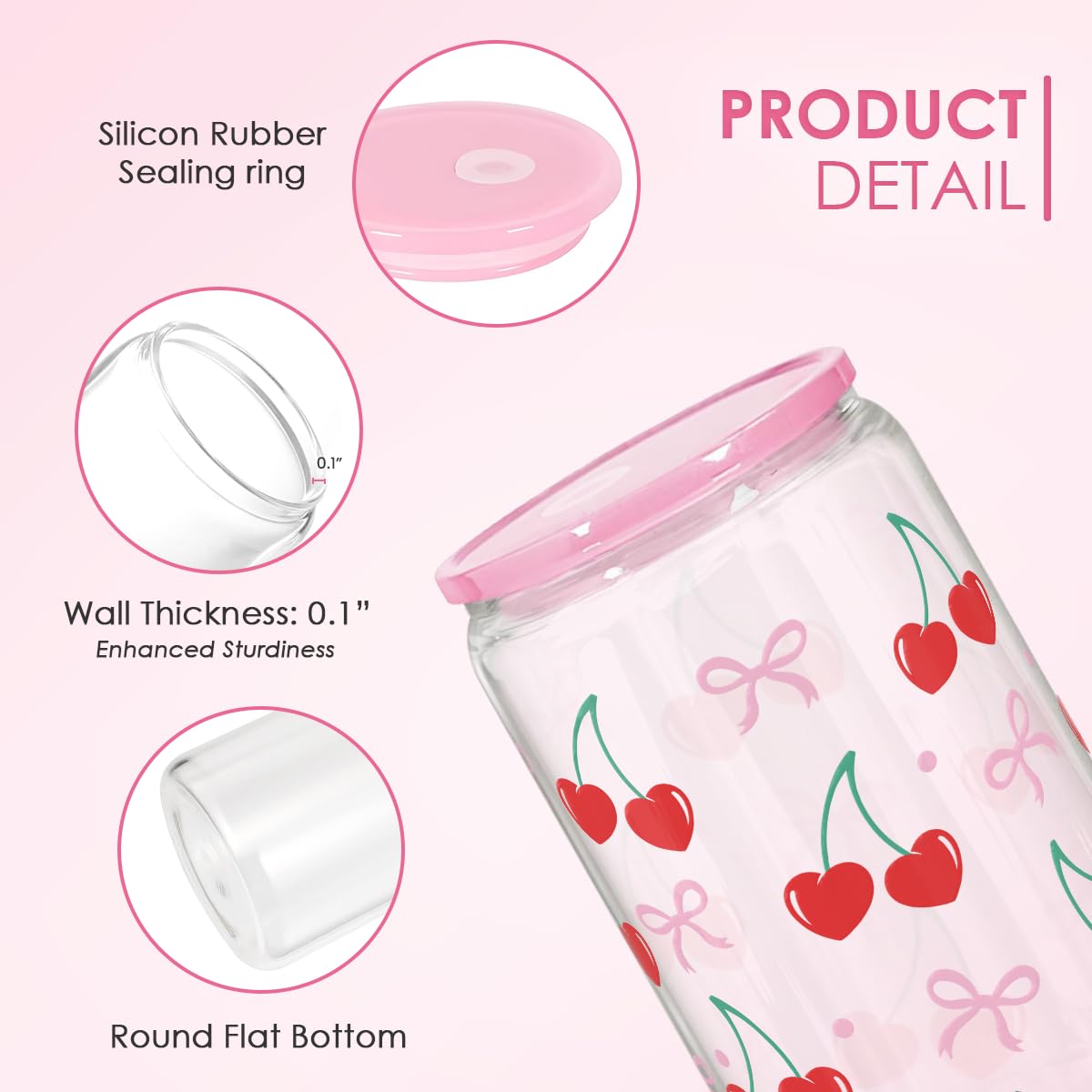 Cherry 16 Oz Can Glass Tumbler with Acrylic Lid and Straw - Iced Coffee Cups for Women, Aesthetic Glass Cup Gift for Birthday Ch