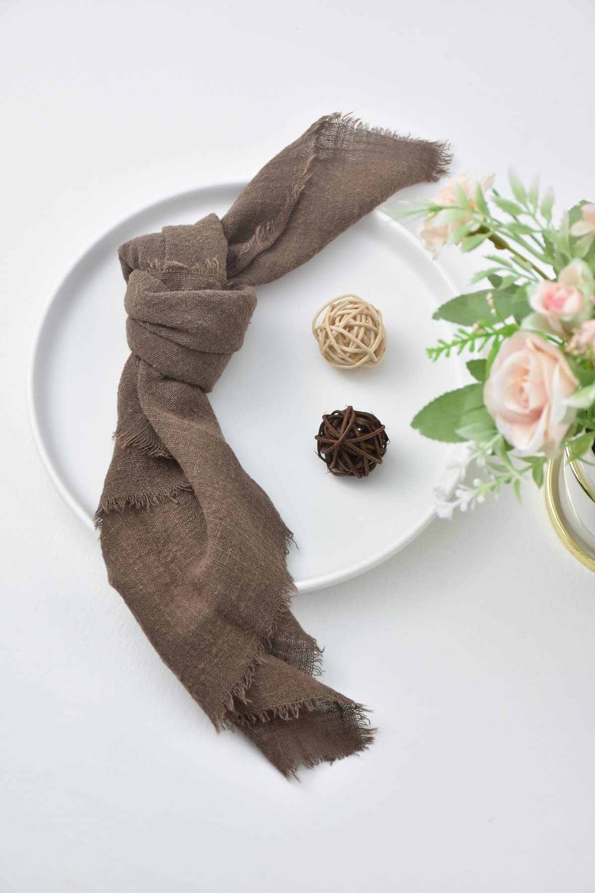 Joanlody Handmade Gauze Napkins 16.5x16.5 Inches Cotton Cloth Napkins with Fringe Rustic Dinner Napkins for Wedding Party Set of 10 Coffee