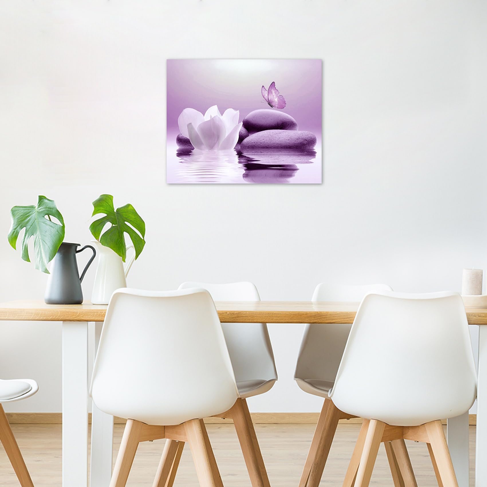 Eobtain Zen Stone Canvas Wall Art Water Lily And Purple Butterfly On The Lake Wall Art For Bathroom Living Room Bedroom Spiritua