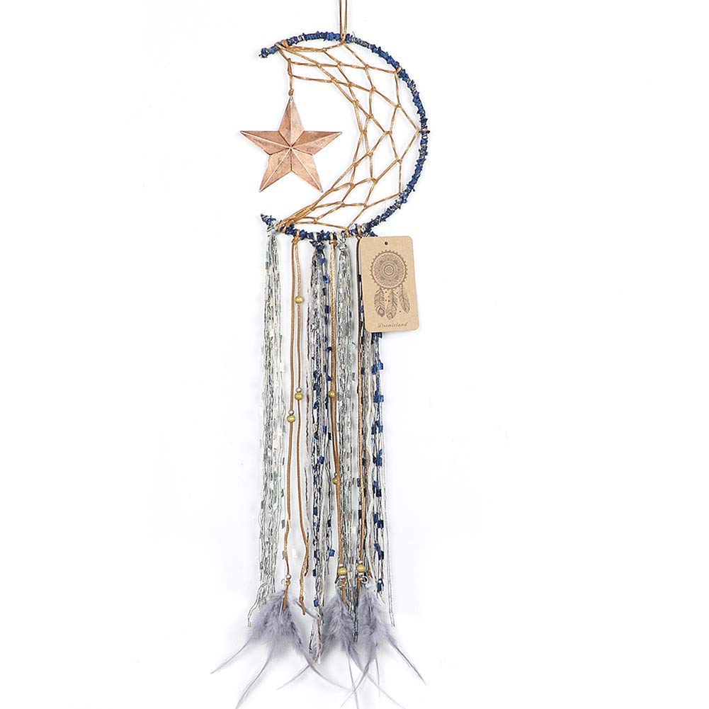Dremisland Blue Dream Catcher Handmade Half Circle Moon Design Dream Catcher Feather Hanging with Star Home Decoration Ornament 