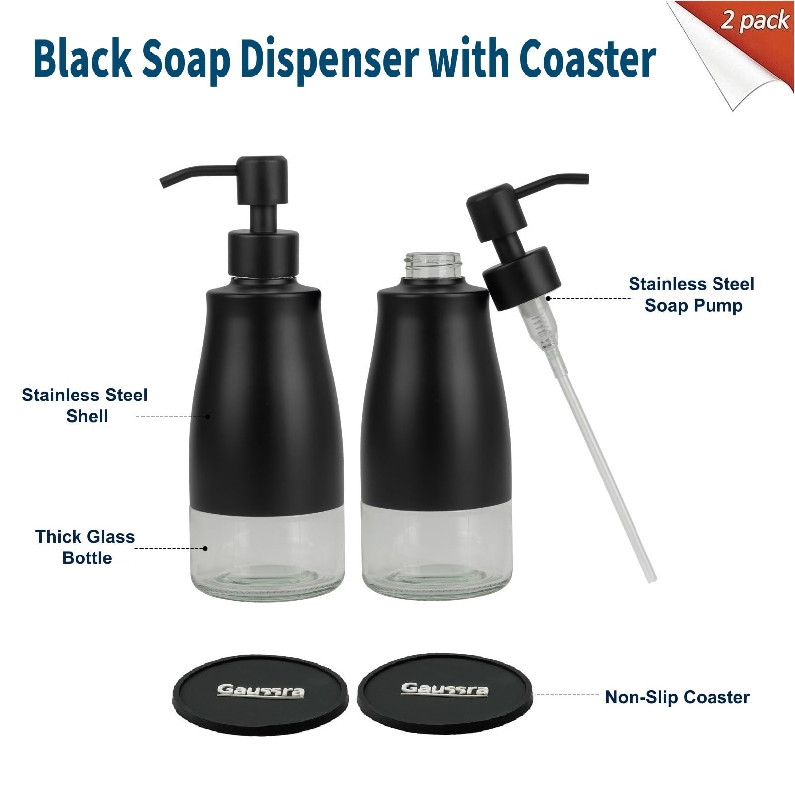 Gaussra Black Soap Dispenser With Coaster - 2 Pack, Dish Soap Dispenser For Kitchen, Hand Soap Dispenser For Bathroom, 304 Stain