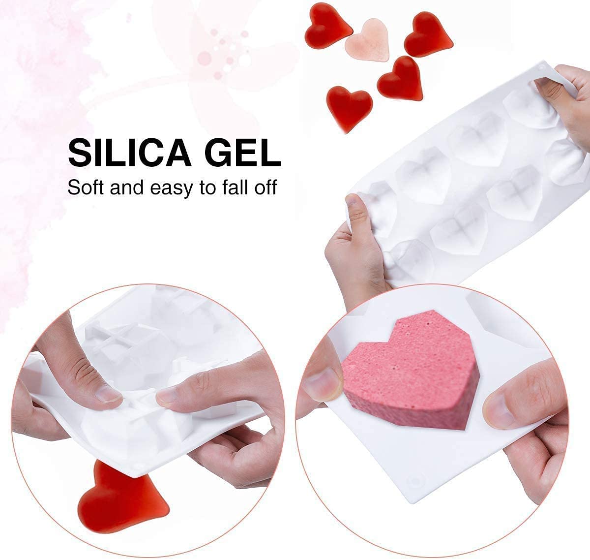 Bamutu 3D Diamond Love Heart Mousse Silicone Chocolate Mould 2Pcs 8-Cavity Heart Shape Chocolate Candy Jelly Mold Baking Pan Mol