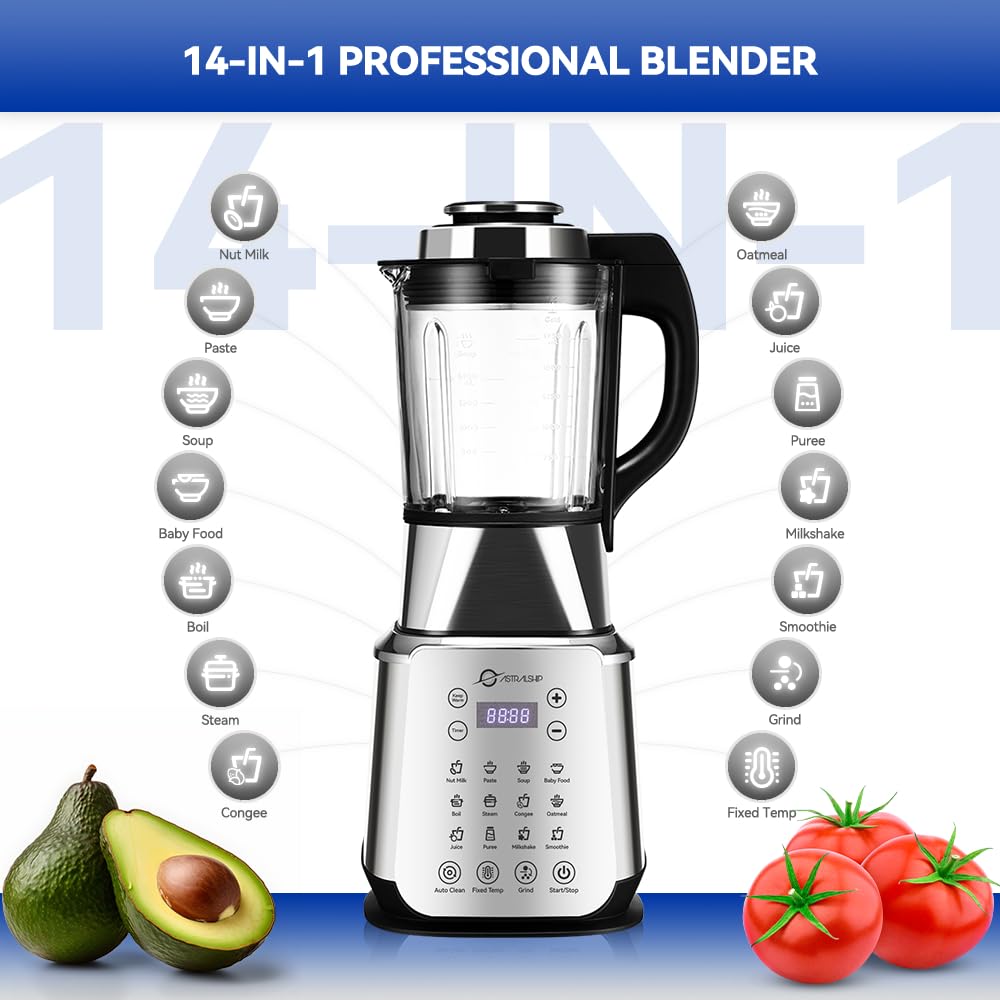 Ash01-S Stainless Steel Blender With Heating, 26000-60000Rpm High Speed Food Processors Blender For Kitchen, 1200W Glass Jar Ble