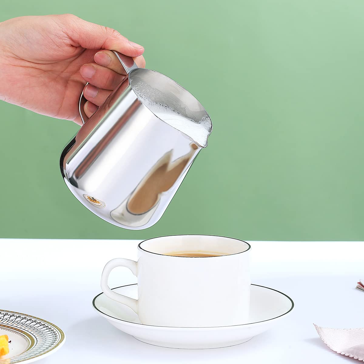 Milk Frothing Pitcher 12Oz - 350Ml, Kyraton Stainless Steel Espresso Steaming Pitchers With Decorating Pen,Milk Coffee Frother C