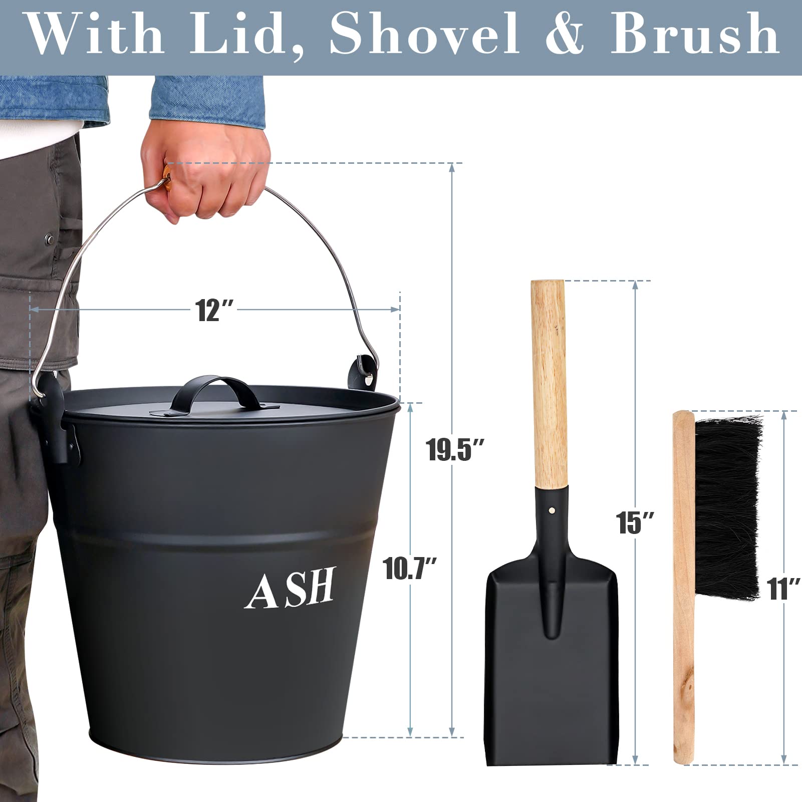 Ash Bucket With Lid, Shovel, And Broom, 3.5-Gallon Metal Bucket With Lid, Fireplace Ash Bucket, Coal Bucket For Wood Stove Acces