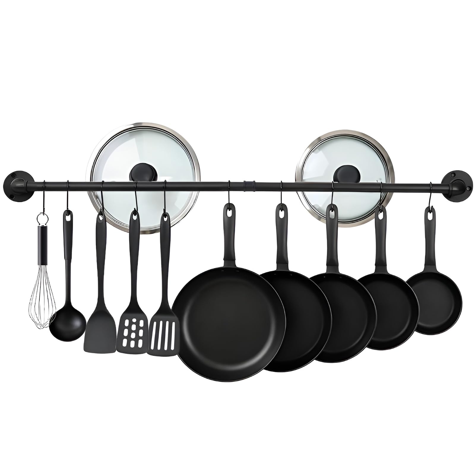 REHOYEE 38 inch Pipe Hanging Rail for Pots, Pans, Lids, Kitchen Utensils, Wall Mounted Rail Rack Pipe Bar with 10 S Hooks Indutr