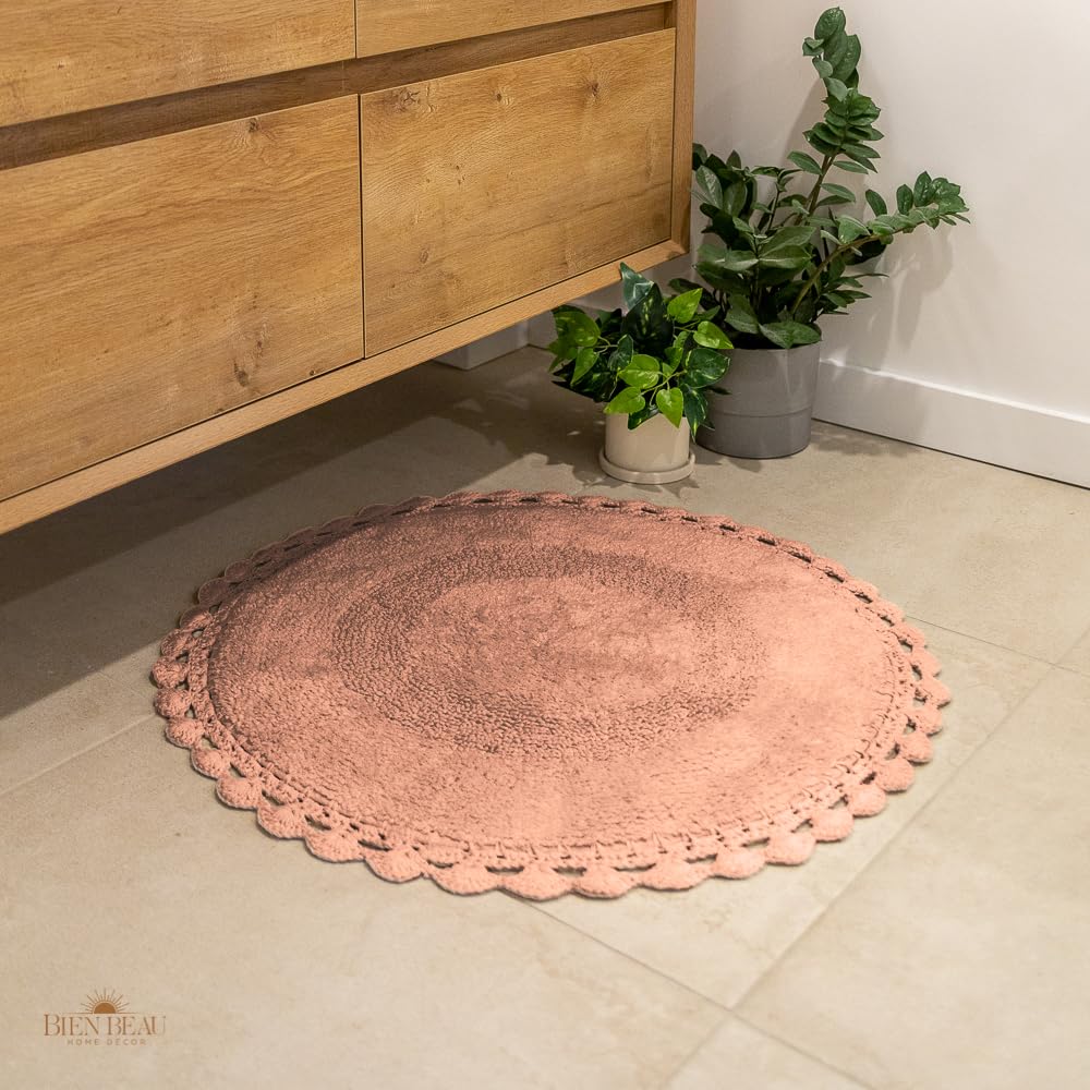 Bien Beau Round Bohemian Bathroom Rug With Crochet Contour. Coquette Inspired -100% Cotton, Reversible Round Boho Bedroom Rug-Bo