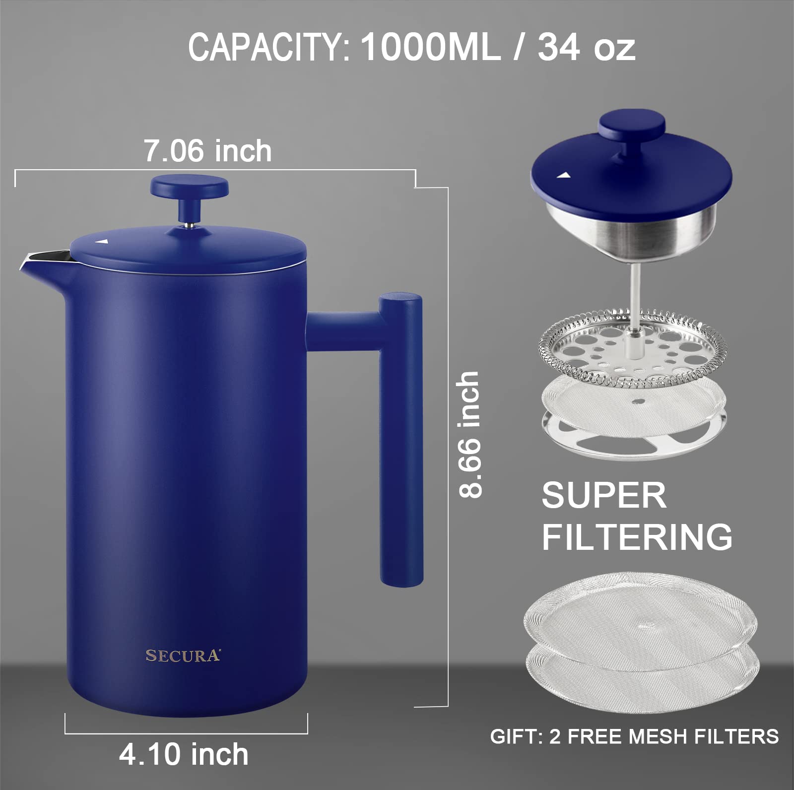 Secura French Press Coffee Maker, Double-Wall 304 Grade Stainless Steel Coffee Press With 2 Extra Screens, 34Oz (1L), Blue