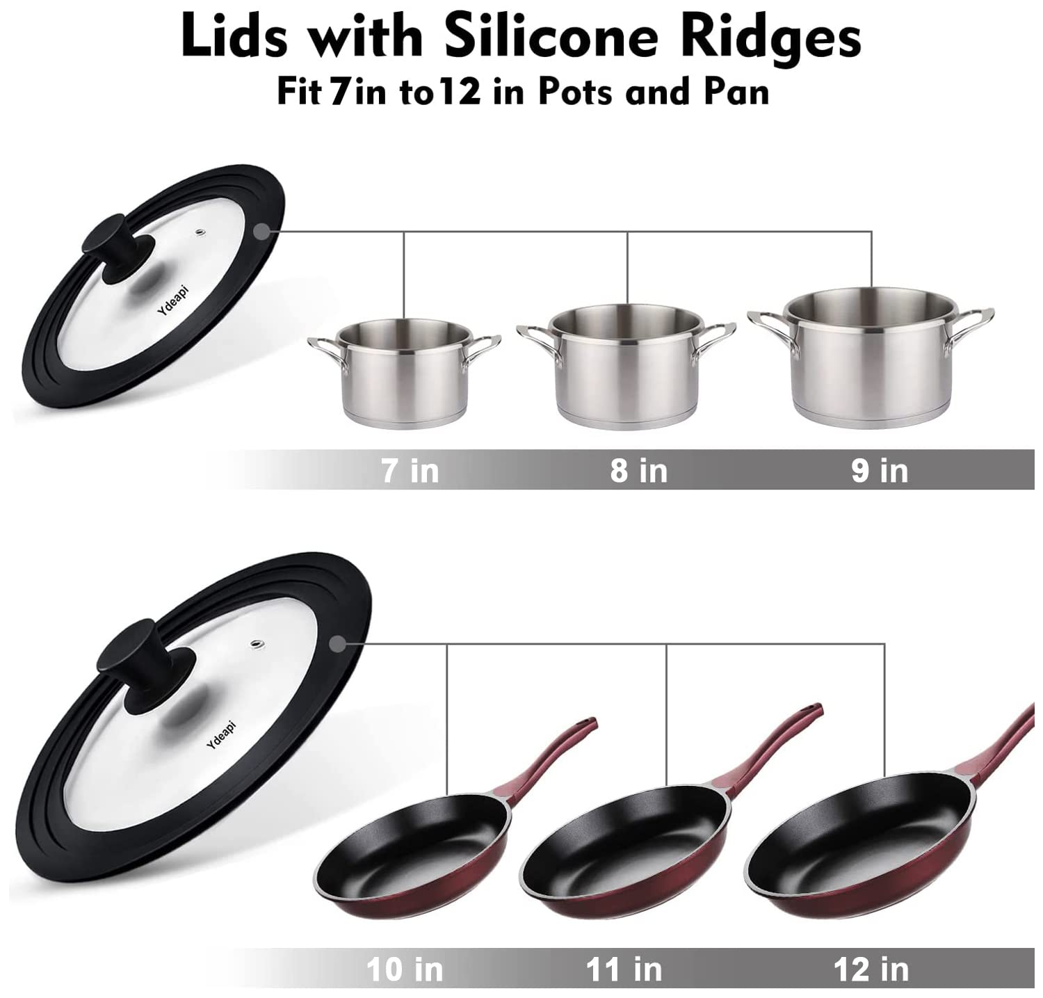 Ydeapi Universal Lids For Pots, Pans & Skillets - Fits 7'', 8'' & 9'' Diameter, 10'', 11'' & 12'' Diameter Cookware, Tempered Gl