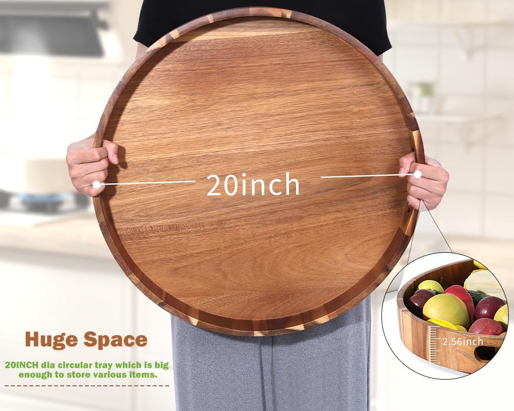Extra Large Round Serving Tray, 20Inch, Heavy Duty Acacia Wood Trays For Big Ottoman Coffee Table Counter Giant Decorative Organ