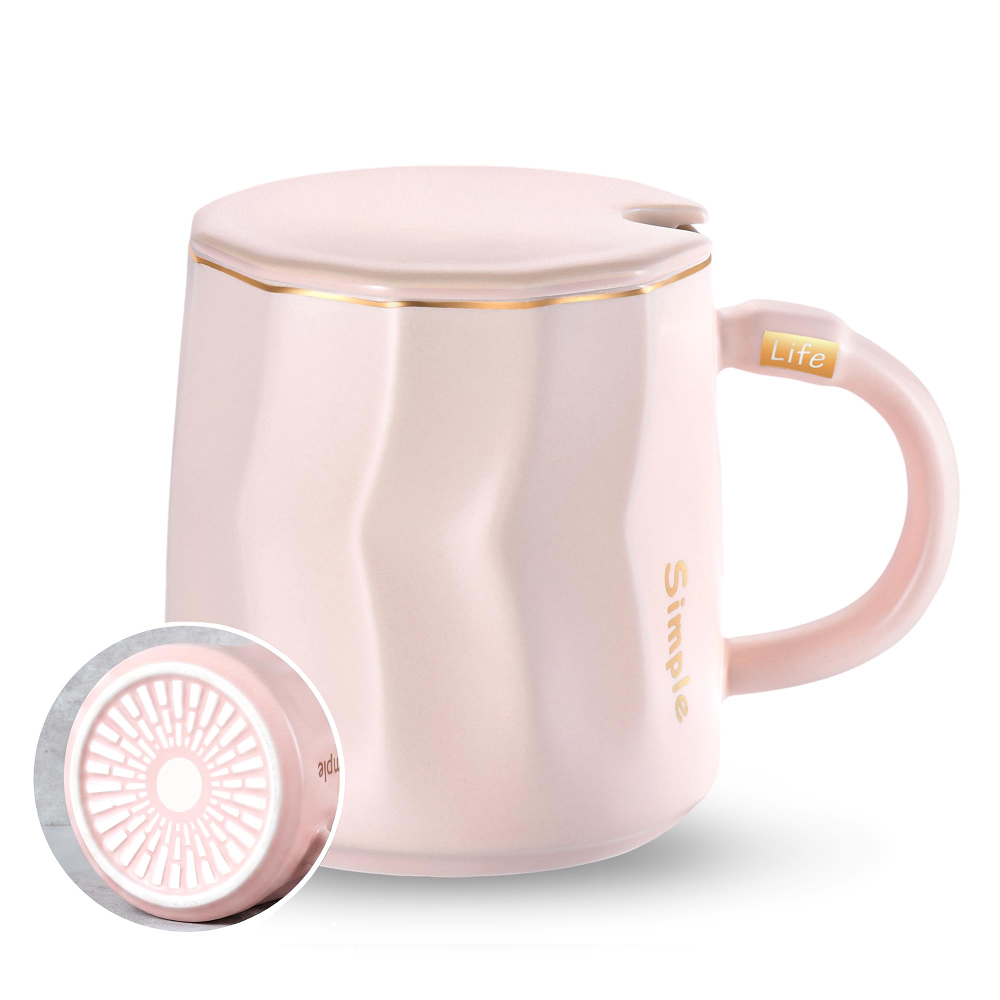 Flat Bottom Coffee Mug for Mug Warmer  13.5 oz Ceramic Cup with Lid & Gold Trim, Tea Mug for Office Desk, Heater Compatible Gif