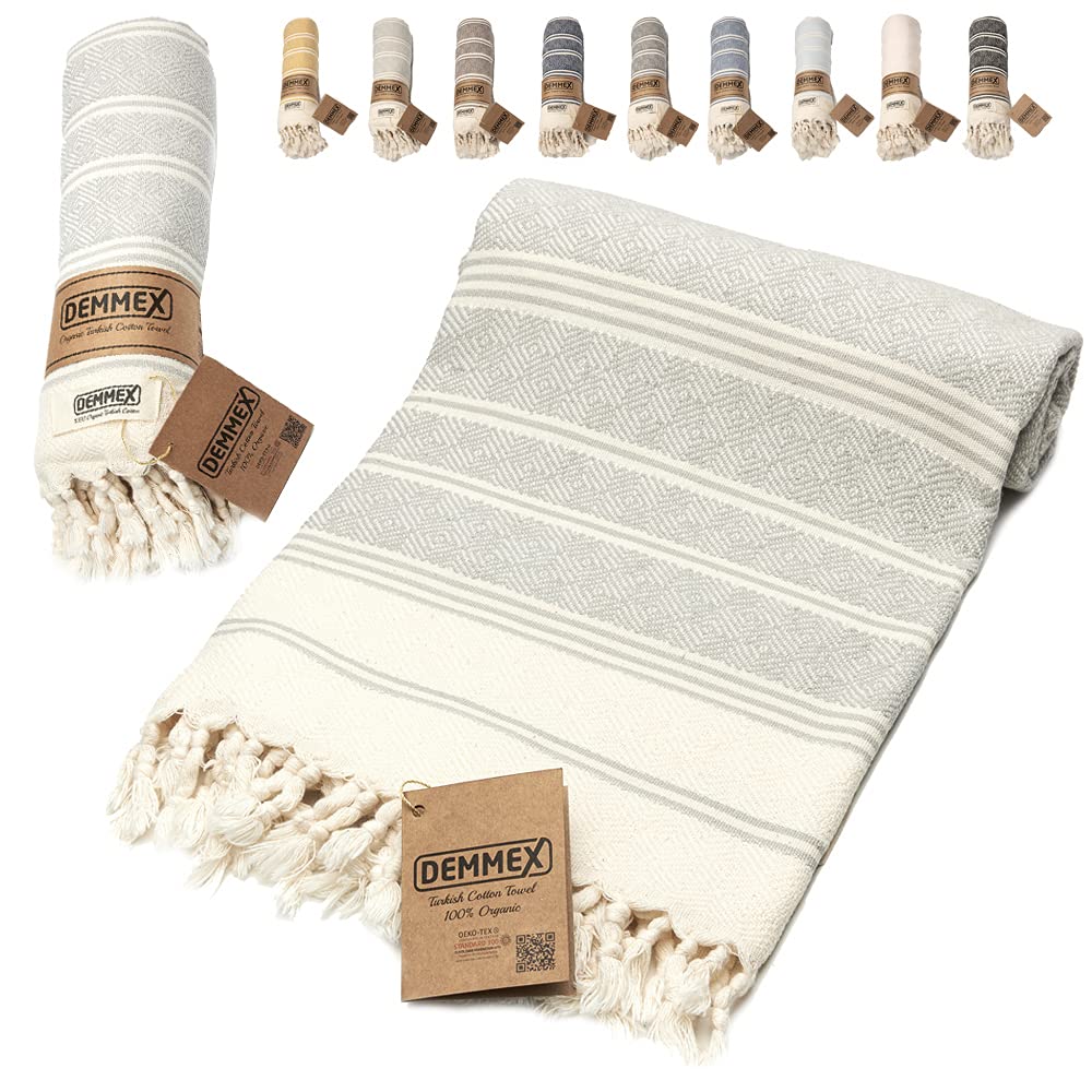 Demmex Certified 100% Organic Turkish Cotton Beach And Bath Towel, Peshtemal Blanket, Oversized Quick Dry Sand Free, Light Compa