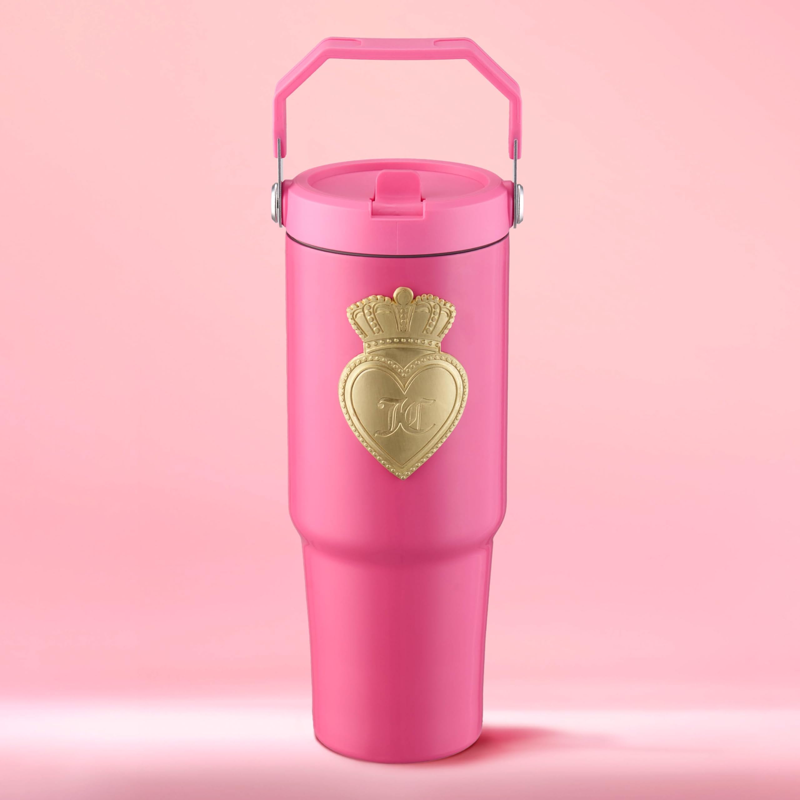 Juicy Couture 30oz Flip Flow Stainless Steel Tumbler With Flip Straw and Carry Handle, Hot Pink 3D Gold Logo
