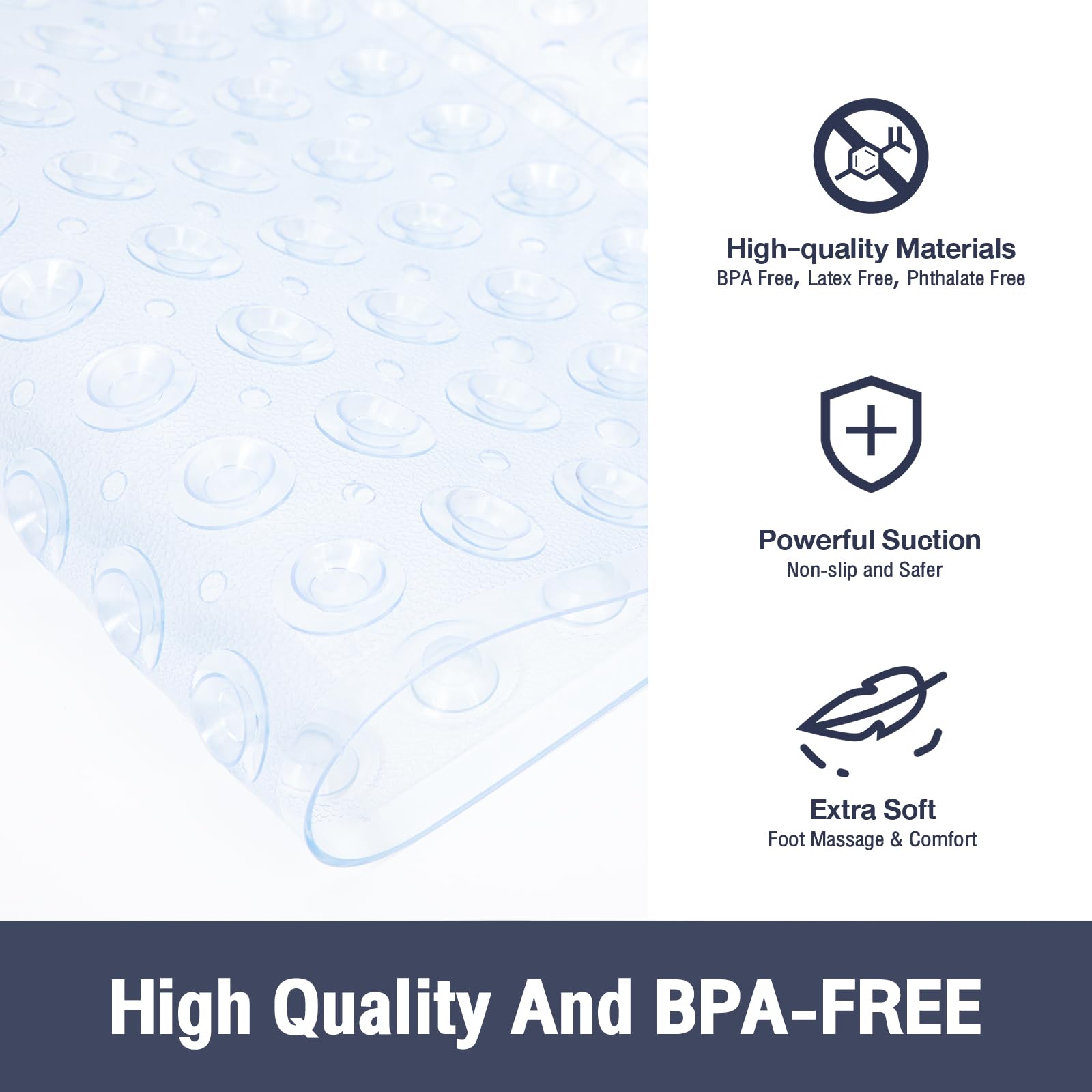 Naoloture Clear Square Non-Slip Shower Mat 21x21 Inch, BPA-Free, with Suction Cups and Drain Hole