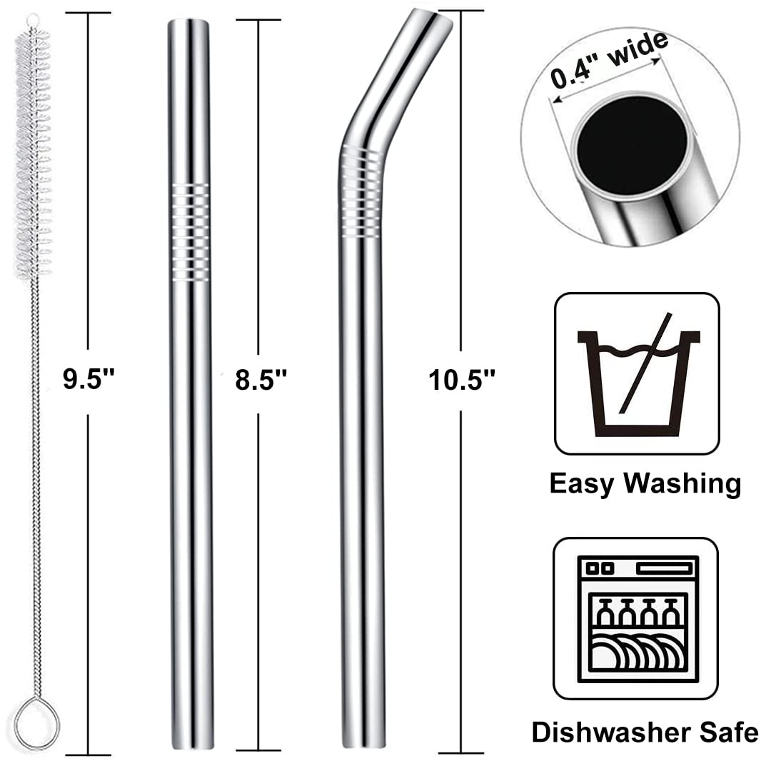 Vannise Jumbo Smoothie Straws Stainless Steel, Set Of 4 Metal Milkshake Straws 0.4'' Wide 10.5'' Long Straws, Long Lasting & Foo